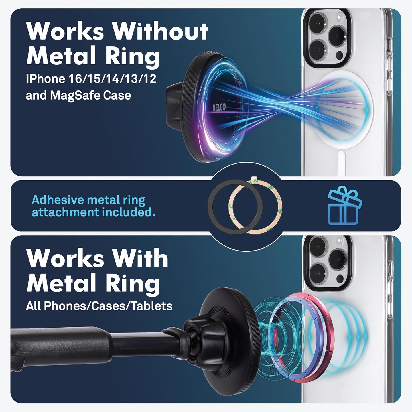 BELCO Magnetic Phone Holder for Car Suction Cup Phone Mount with Adjustable Rotating Arm and Lock Mechanism