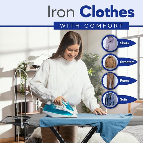 BKTD Extra-Wide Ironing Board - 48" x 18" Large Surface with Built-In Clothes Rack & Adjustable Height - Black Grey