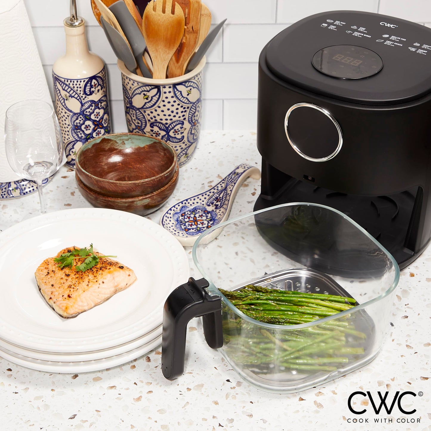 COOK WITH COLOR Colorful 1200W 4Qt Air Fryer: Glass Basket, Dishwasher Safe, 60min Timer, 6 Presets, Temp Control 175F-400F, 4 QT, Black