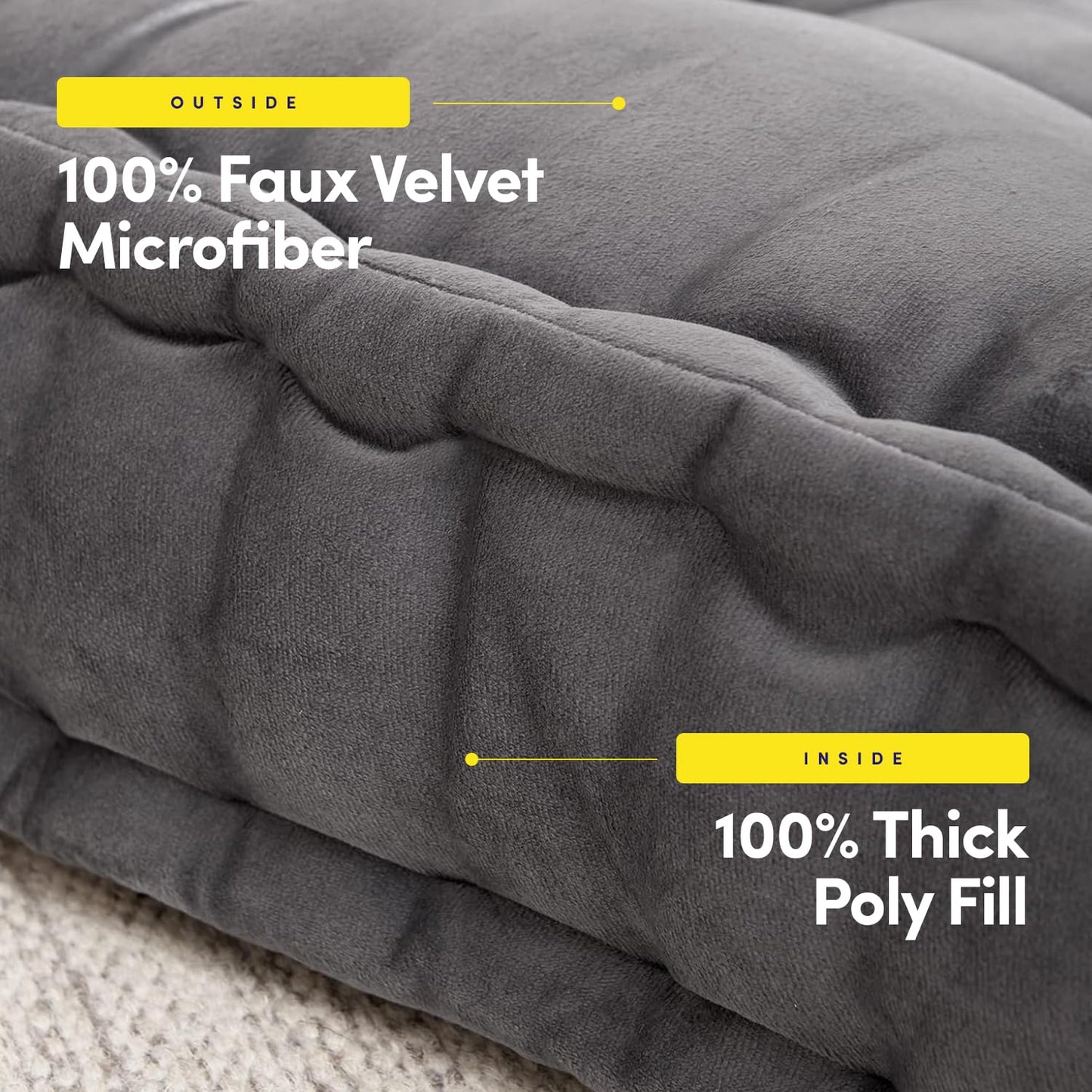 Sweet Home Collection Floor Pillow Large Square Tufted Decorative Cushion. Faux Velvet Fabric Ultra Thick Fill for Kids and Adults, Gray (Pack of 1, 2 Count)