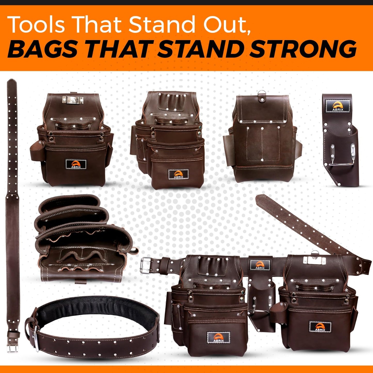 ABRIX Heavy Duty Tool Belt for Men – 4MM Thick Genuine Leather, Brass Buckle & Rivets | Foam Padded Comfort | 28-Pocket Carpenter & Framing Rig | Fits Waist 32 to 52 Inches | Professional Work Belt