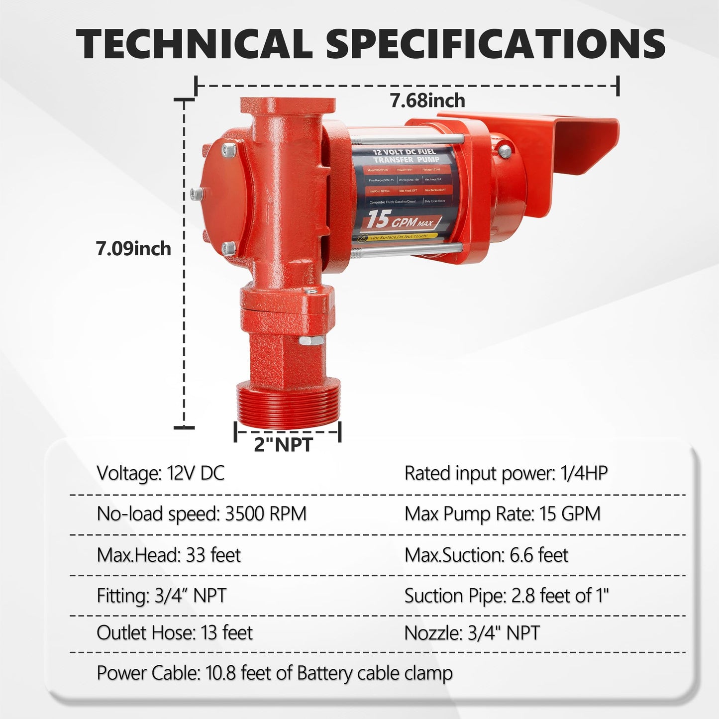 12V 15 GPM Fuel Transfer Pump with Discharge Hose, Automatic Nozzle, Premium Filter Package, Suitable for Gasoline, Diesel, Kerosene, Ethanol & Methanol Blends