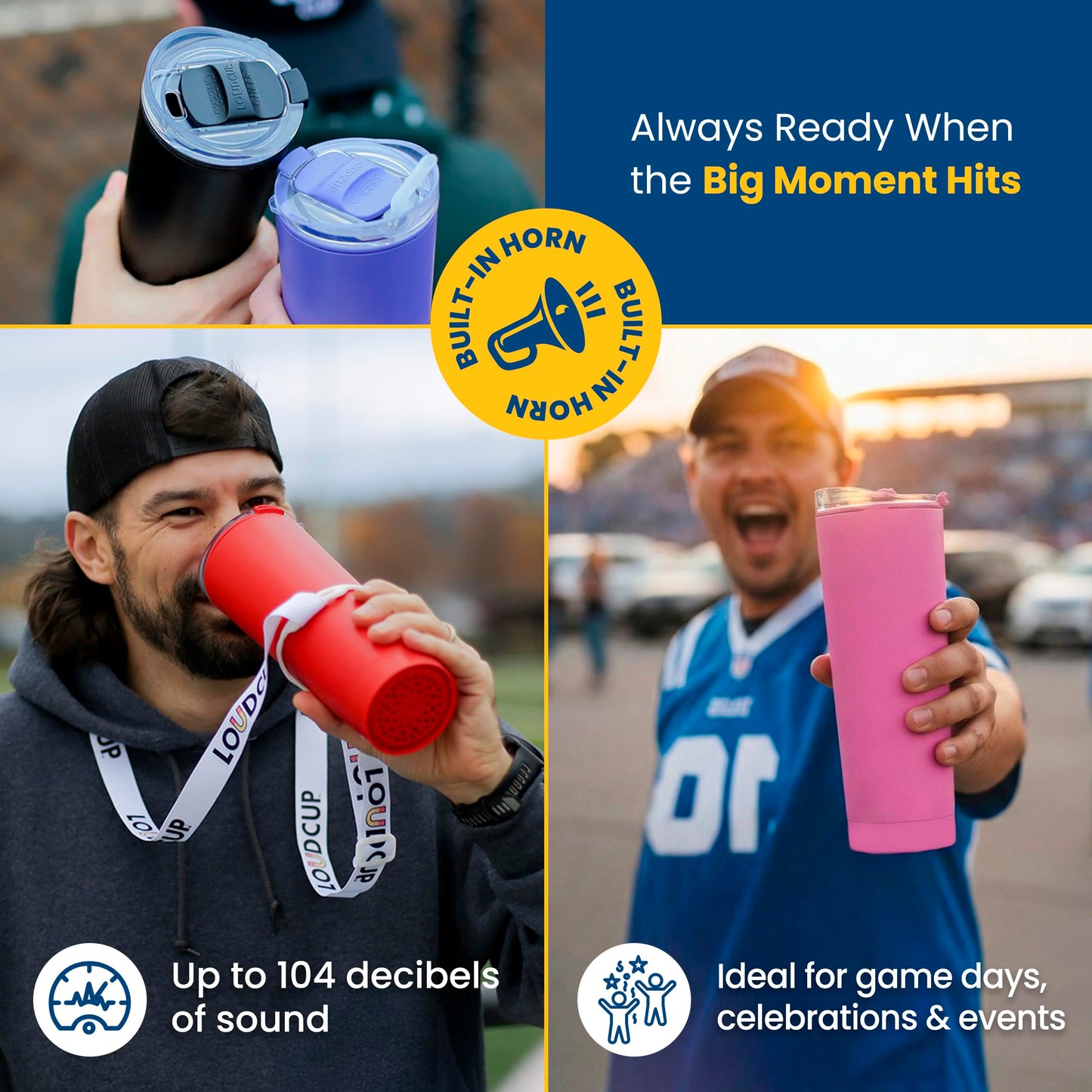 The LoudCup Blow Horn Tumbler, Cheer & Sip 2-in-1 Reusable Water Bottle with Built-In Horn for Sports Games, Tailgates, Parties & Events, BPA-Free, 23 oz, Jet Black