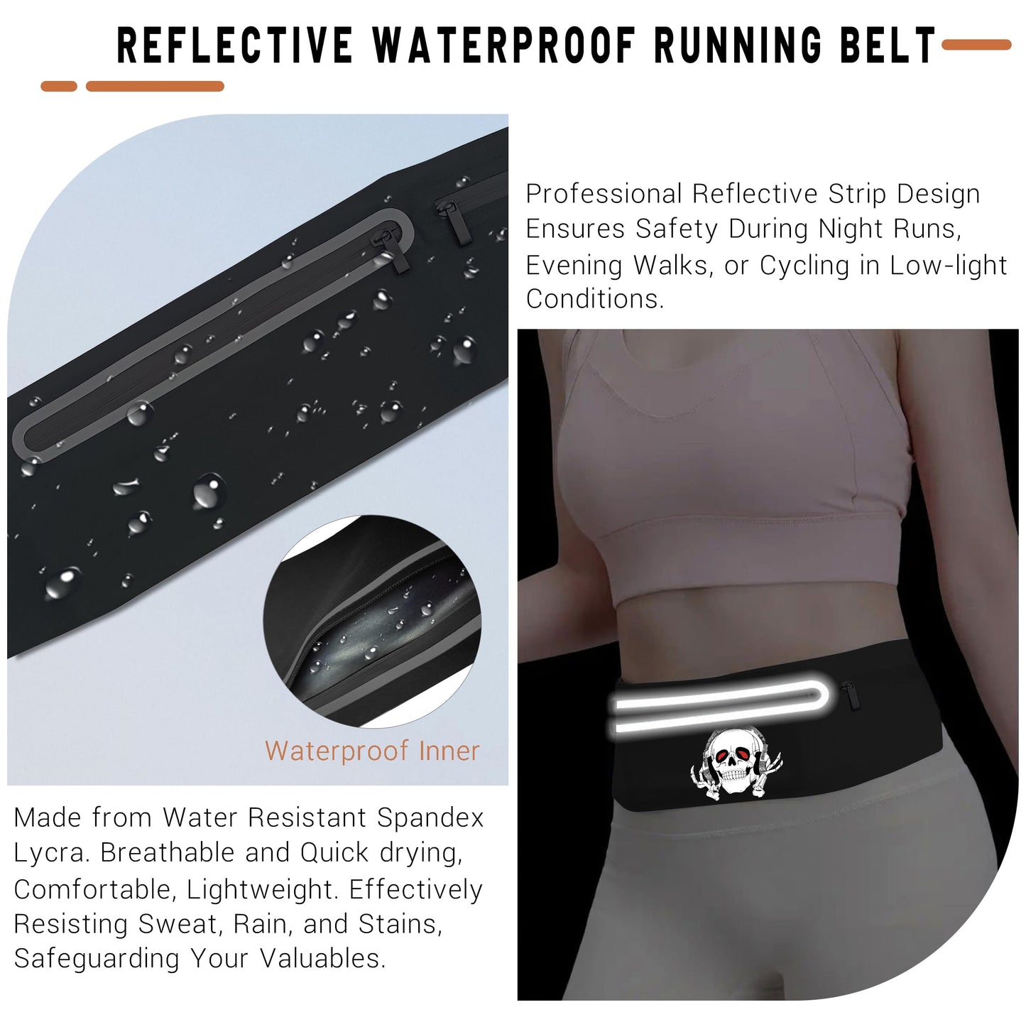 Music Skull Running Belts for Women and Men,Runner Waist fanny pack Wallet Holder,Waterproof Reflective phone holder,Cool Rock Skeleton Fitness Belt with 3 Zipper Pockets,Marathon Cycling Gear Gift