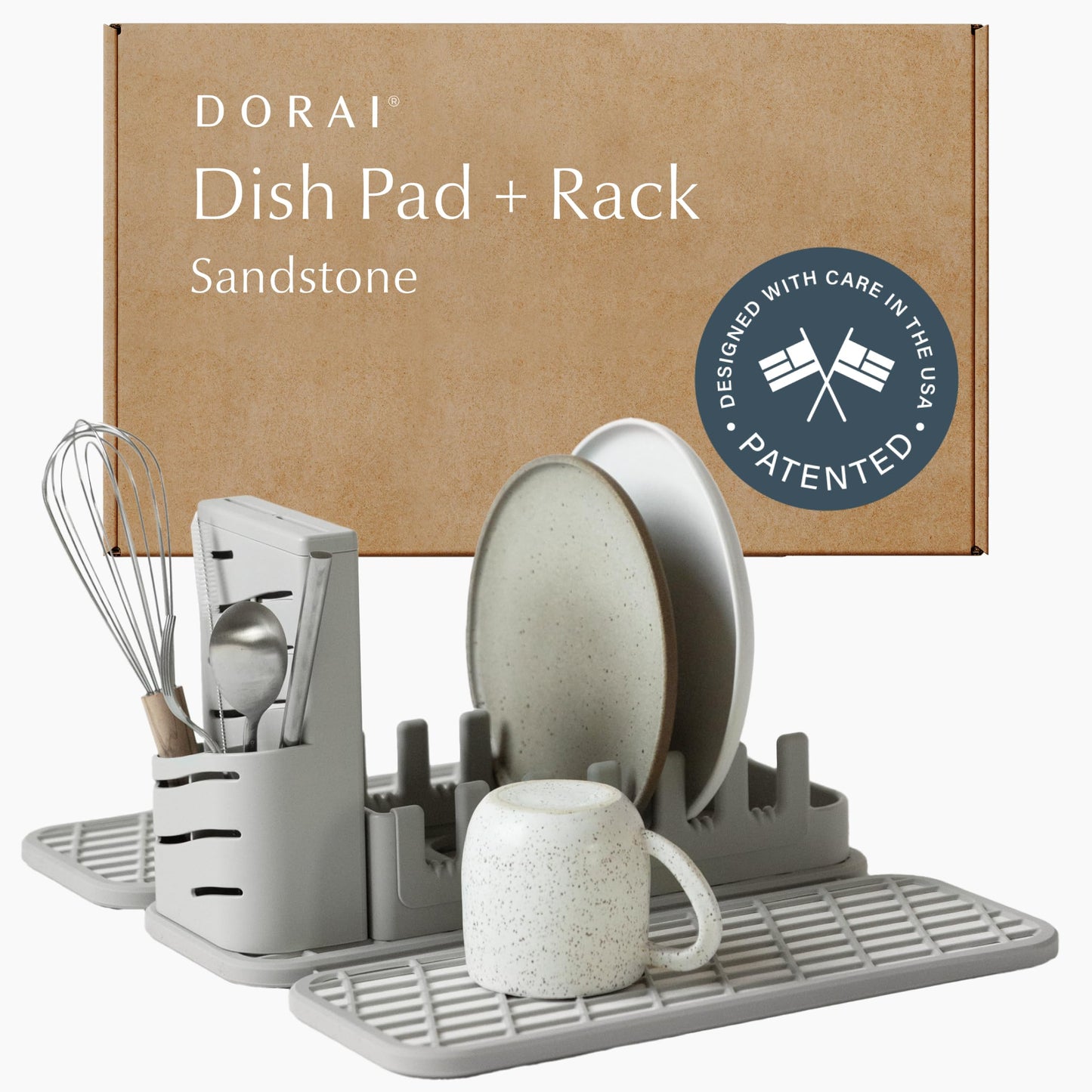 Dorai Home Collapsible Dish Drying Rack with Stone Dish Pad - Kitchen Counter Set with Diatomaceous Earth Stone Dish Mat for Quick Drying - Space-Saving Design - Original 19.9"x15.2", Sandstone