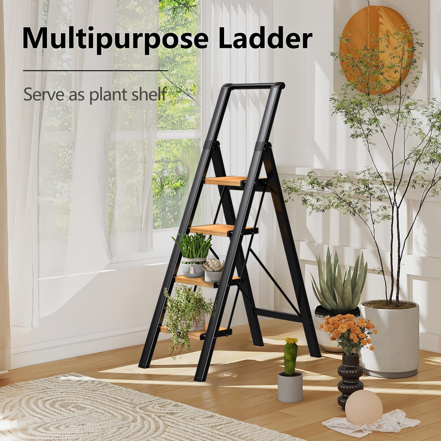 SOLADDER Step Ladder 4 Step Folding Stool with Anti-Slip Widened Sturdy Pedal and Handgrip, Portable Lightweight Aluminum Ladder for Home,Kitchen,300 lbs Capacity-Black+Woodgrain