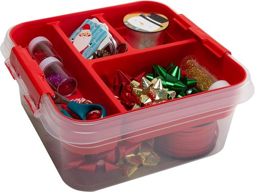 Gift Supply Storage Box by Simplify - 5 Compartment Design with Clear Top Lid | Red | 9.5” x 9.5” x 4.5”