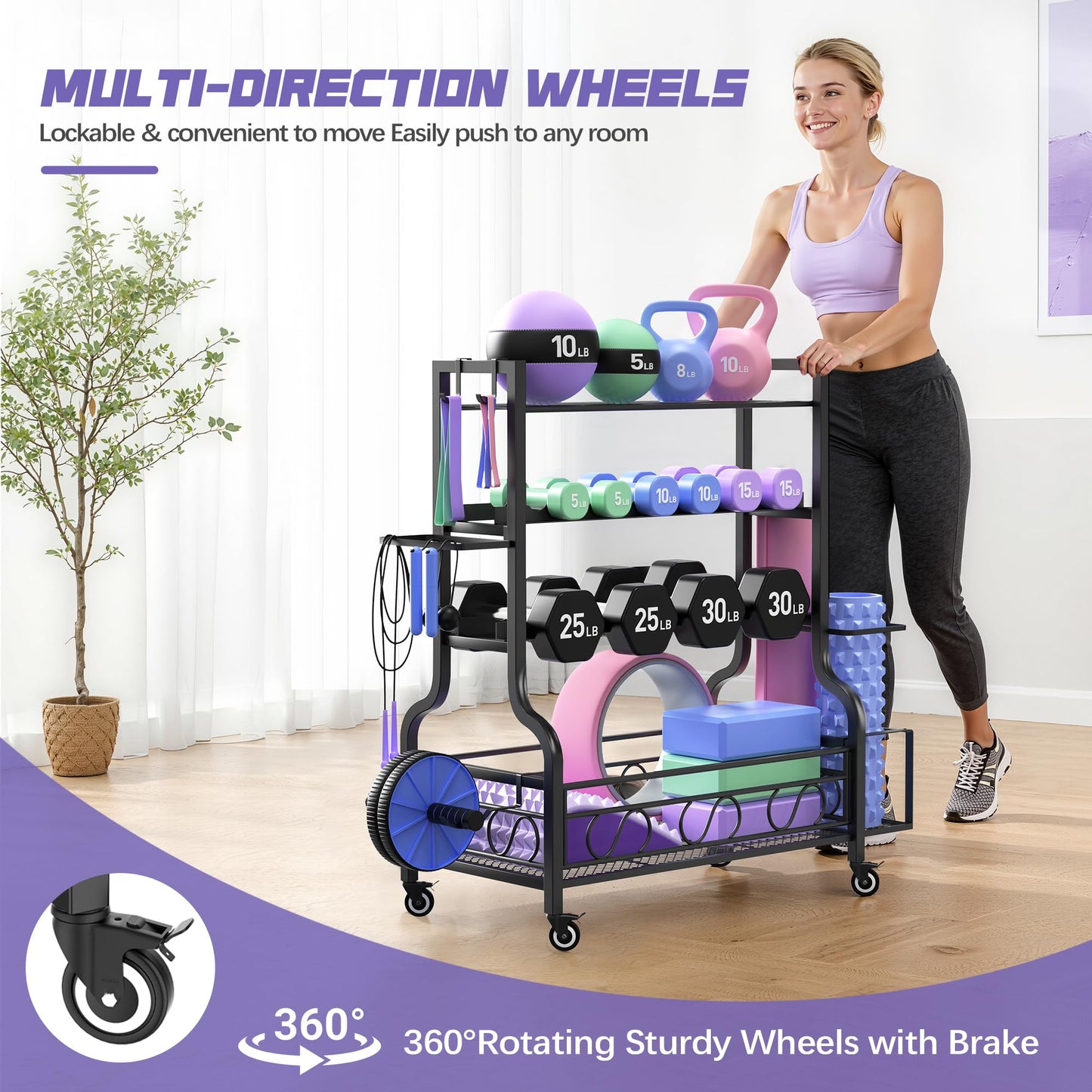 Dumbbell Weight Rack, Home Gym Storage for Kettlebells Yoga Mat and Balls, All in One Workout Storage with Wheels and Hooks, Powder Coated Finish Steel