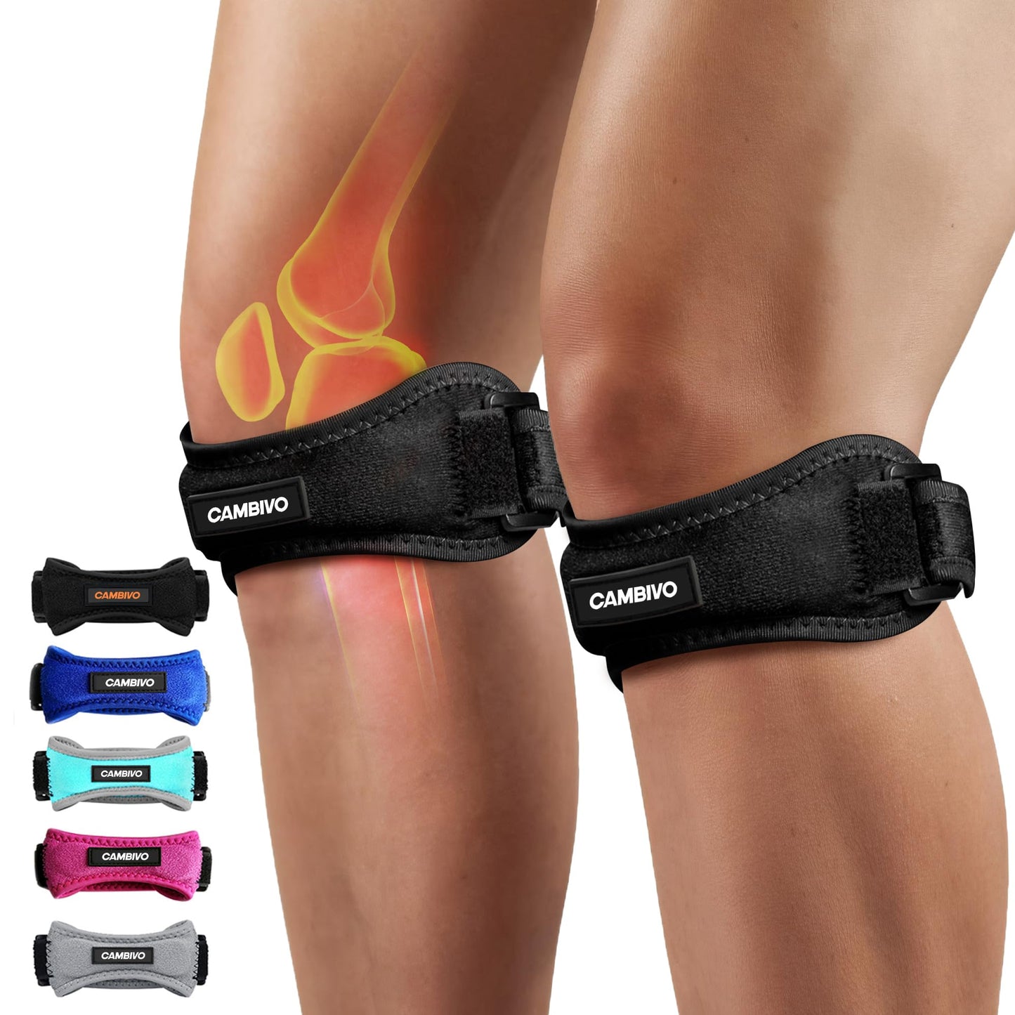 CAMBIVO 2 Pack Patella Tendon Knee Straps, Knee Brace for Women & Men with Extra Straps, Patella Bands for Pain Relief, Osgood Schlatter, Jumper’s Knee, Tendonitis, Running, Basketball, Volleyball