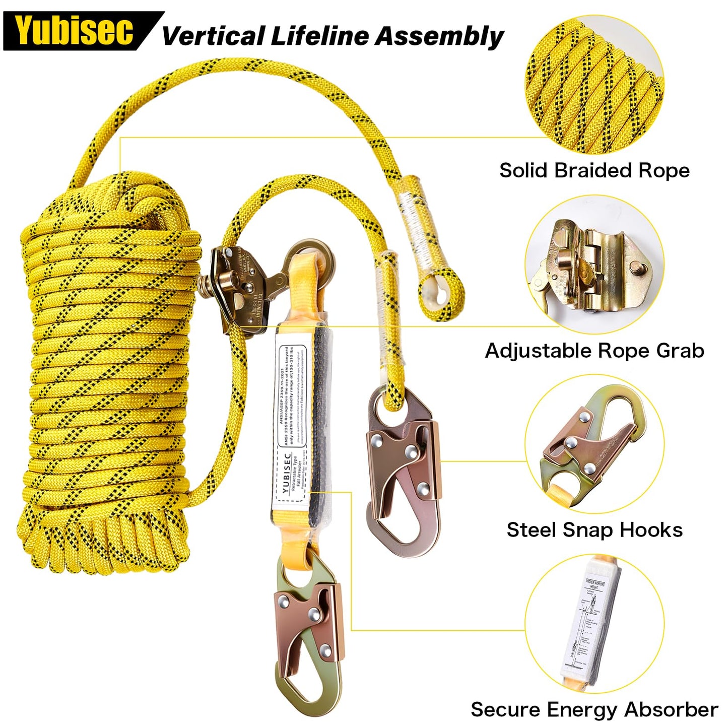 Yubisec Rope Harness Safety Lanyard 25FT, Vertical Lifeline Assembly with Grab Snap Hooks Shock Absorber, Fall Protection Tree Climbing Lifeline Kit, Heavy Duty Roof Safety Equipment ANSI CE