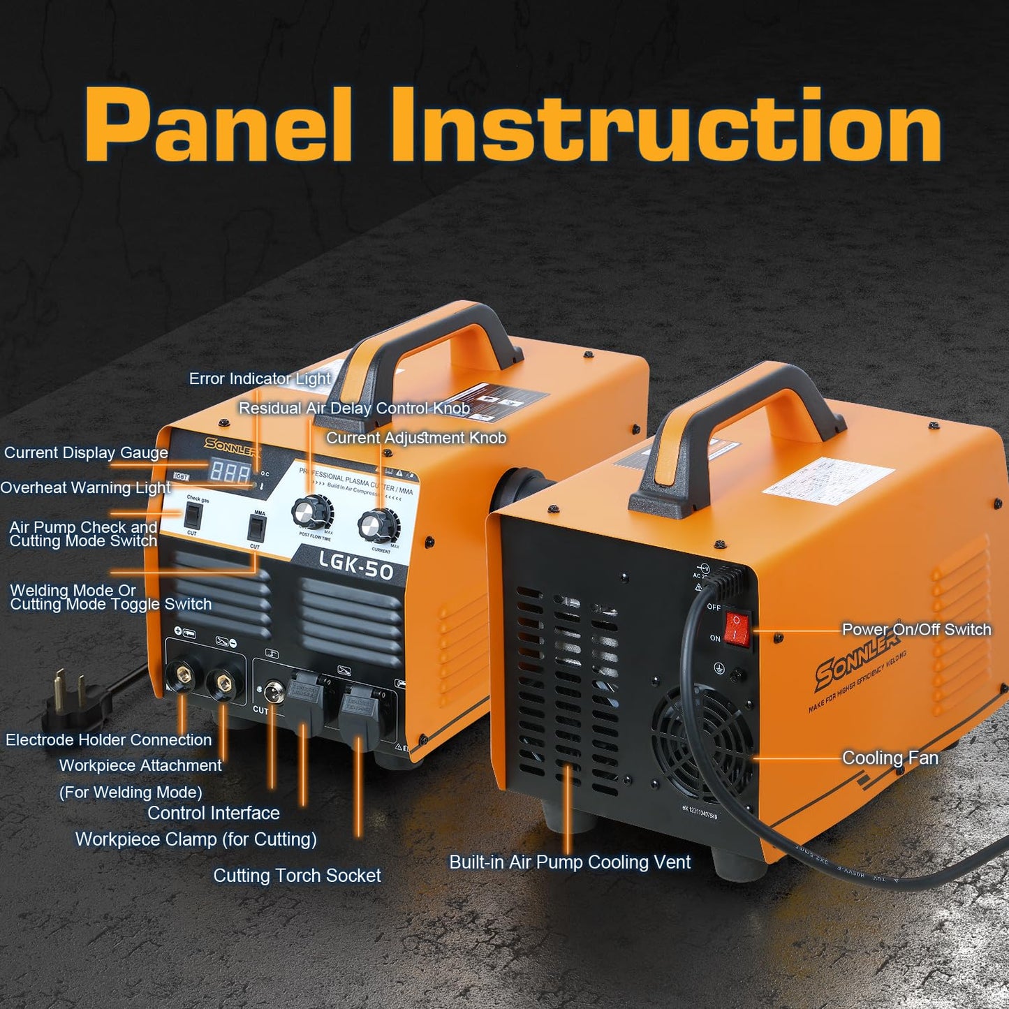 SONNLER 2 in 1 50A Plasma Cutter/MMA, 220V Digital Inverter IGBT Plasma Cutter Machine With Built-in Air Compressor, 1/3 Inch Clean Cut With Gas Delay.