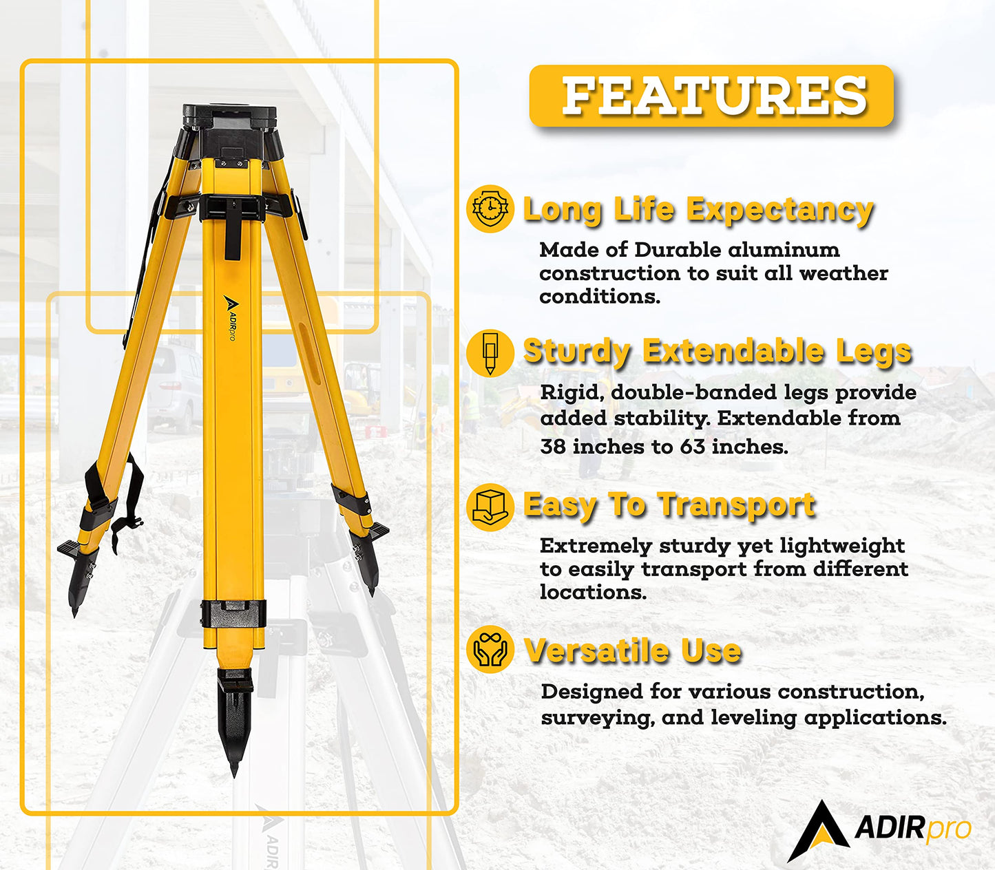 AdirPro Universal Survey Tripod – Wood/Fiberglass Laser Level – Transit Level - Quick Clamp - Heavy Duty Contractor