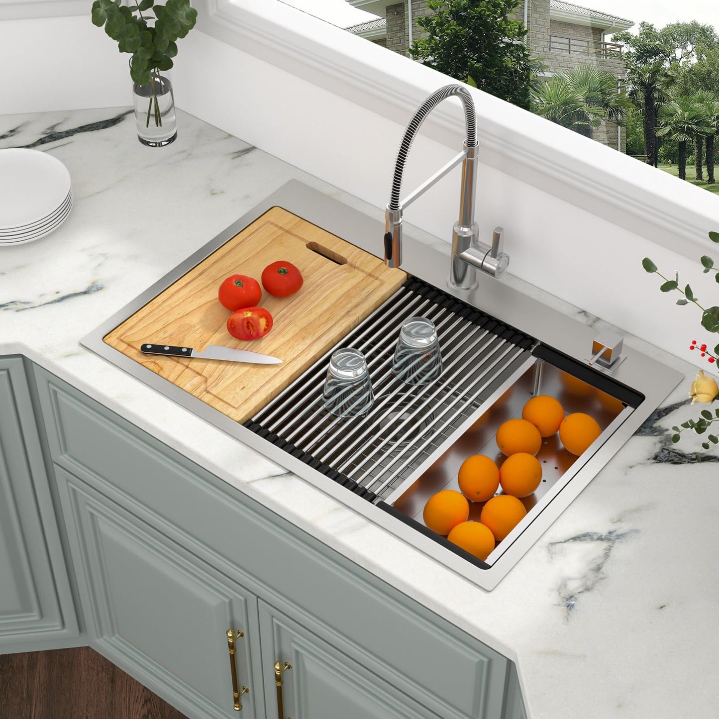Kichae 33 Kitchen Sink Drop In - 33 x 22 Kitchen Sink Ledge Workstation Topmount Drop-In Single Bowl Stainless Steel 16 Gauge Single Bowl