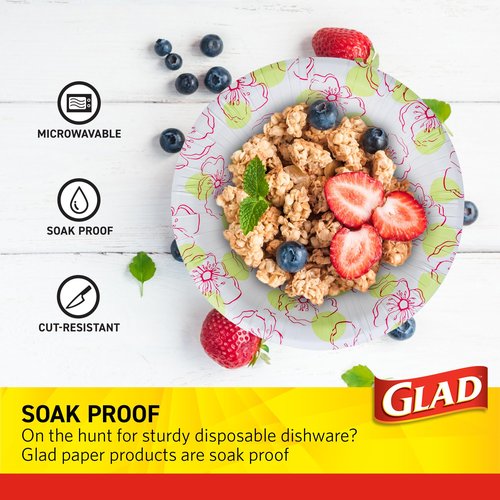 Glad Round Disposable Paper Bowls, Pink Flower Design - Heavy Duty, Soak Proof, Cut-Resistant, Microwavable Bowl for All Foods & Daily Use, 16 Oz, 50 Count