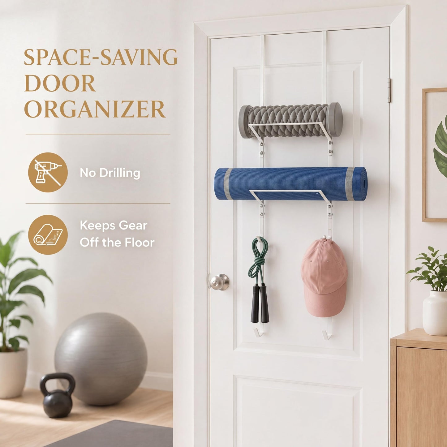 Zonon Over-the-Door Yoga Mat Holder Rack – 3 Tier Space‑Saving Mat & Foam Roller Organizer Iron Yoga-mat Organizer Rack Home Gym Storage with Metal Hooks for Foam Rollers & Home Gym Fitness