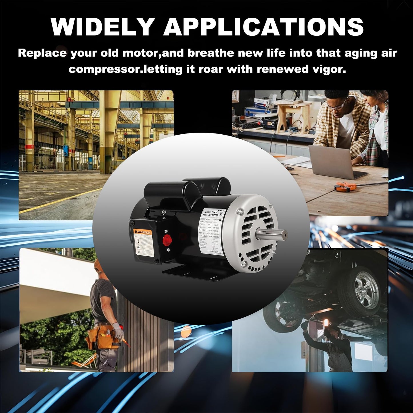 Kunray 5HP Air Compressor Electric Motor, 230V 25 Amps, 56HZ Frame 3450RPM, 7/8" Keyed Shaft, 2.25" Shaft Length, Single Phase, CCW/CW (Factory Setting is CCW)