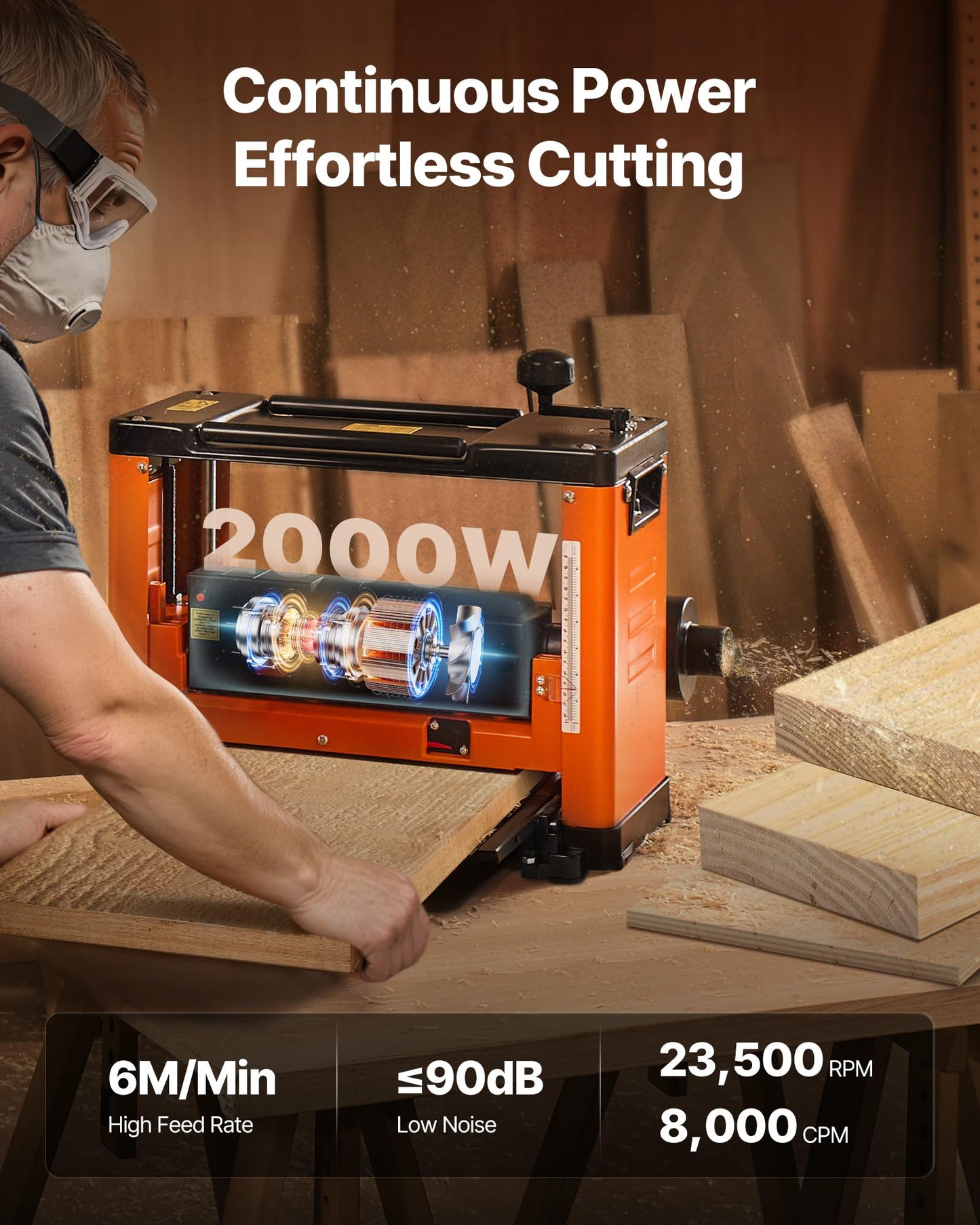 VEVOR 13-Inch Spiral Thickness Planer, Woodworking Power Benchtop Planer, with 2000W 23500 RPM Powerful Motor, Single Speed, for Hard & Soft Wood Material