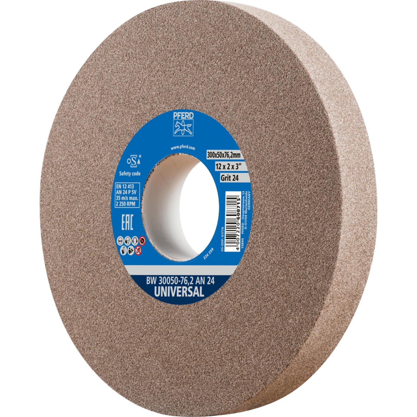 PFERD Vitrified Bench Grinding Wheel – Universal, 12" Diameter, 2" Thick, 3" Arbor, 24 Grit, Aluminum Oxide, for General Metalworking - Part 61778