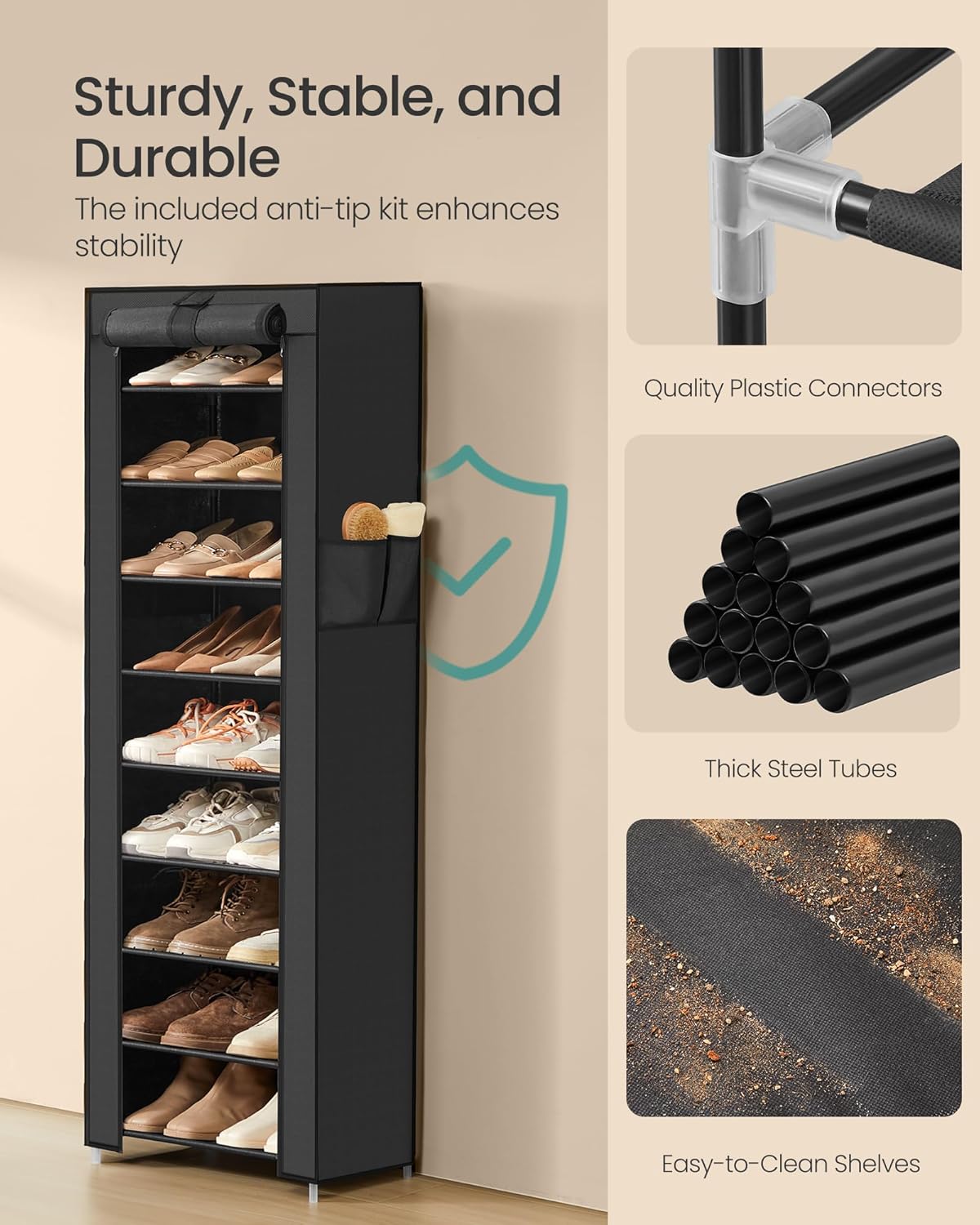 SONGMICS 10-Tier Shoe Rack - Dustproof Shoe Storage Cabinet for 20 Pairs - Black Free-Standing Organizer