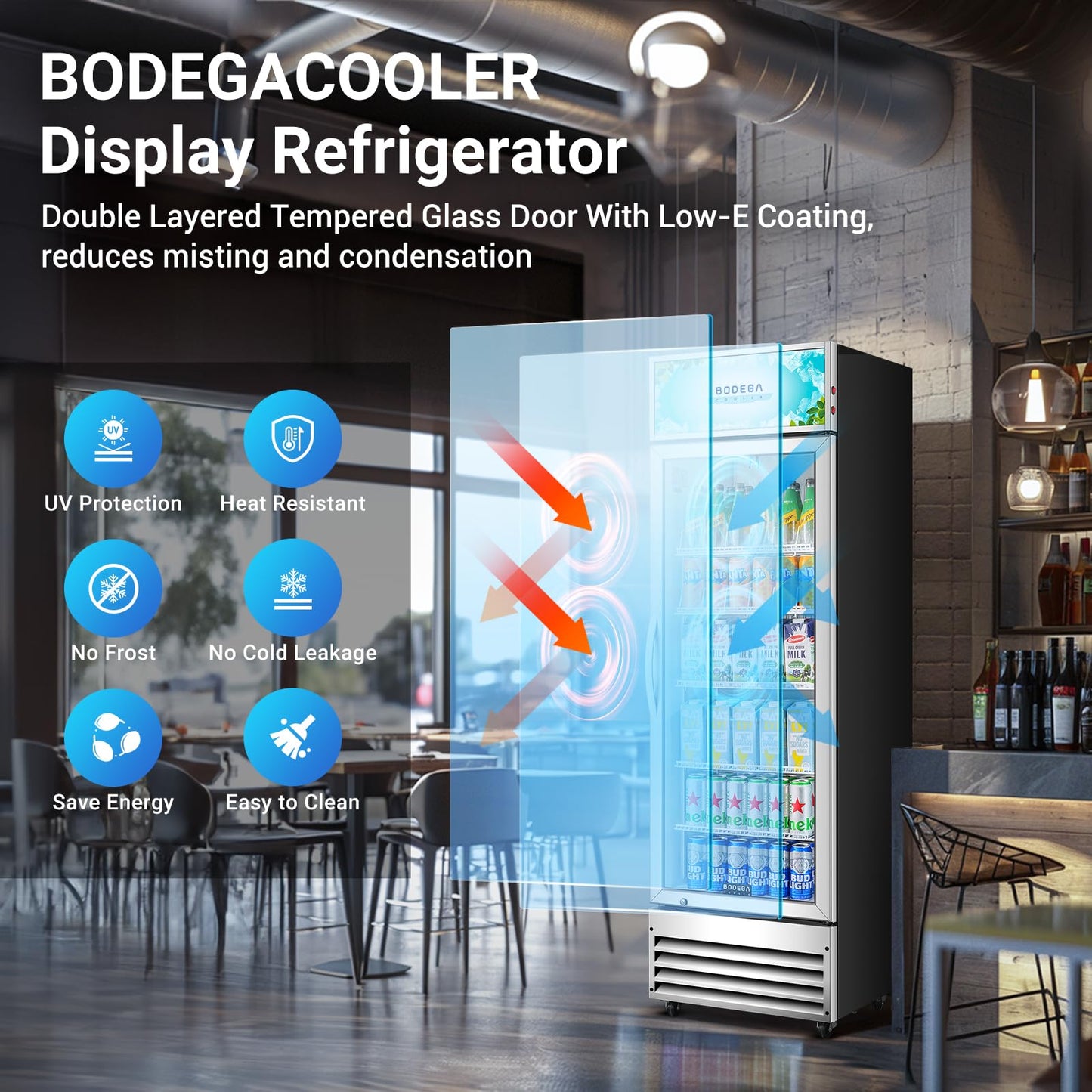 BODEGACOOLER Commercial Merchandiser Refrigerator, 12.5 Cu.Ft Glass Door Display Cooler, Upright Beverage Refrigerator with Soft LED Light, Adjustable Shelves, 4 Heavy-Duty Stainless Steel Casters