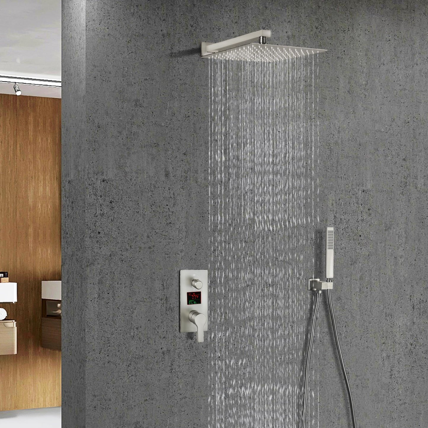 SKWOLL Shower Faucet Sets with Hydro Power Temperature Display, Brushed Nickel 12 Inch Shower Head Combo Kit, 2 Function Wall Mounted Shower Fixtures with Digital Shower Valve