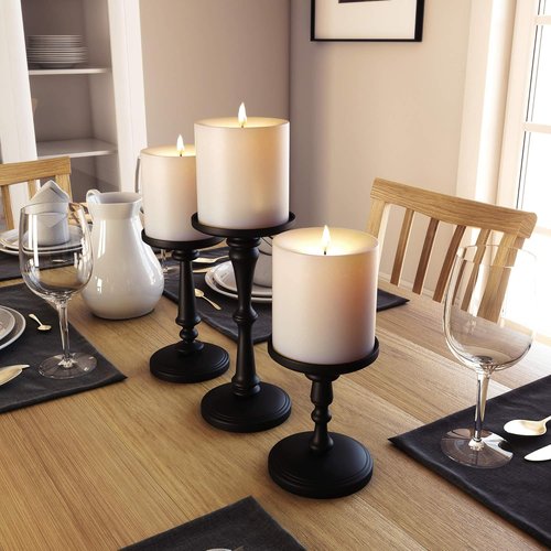 Matte Black Candle Holders Set of 3 - Stylish Metal Holders for Pillar & LED Candles - 6, 8 & 10 Inch Tall