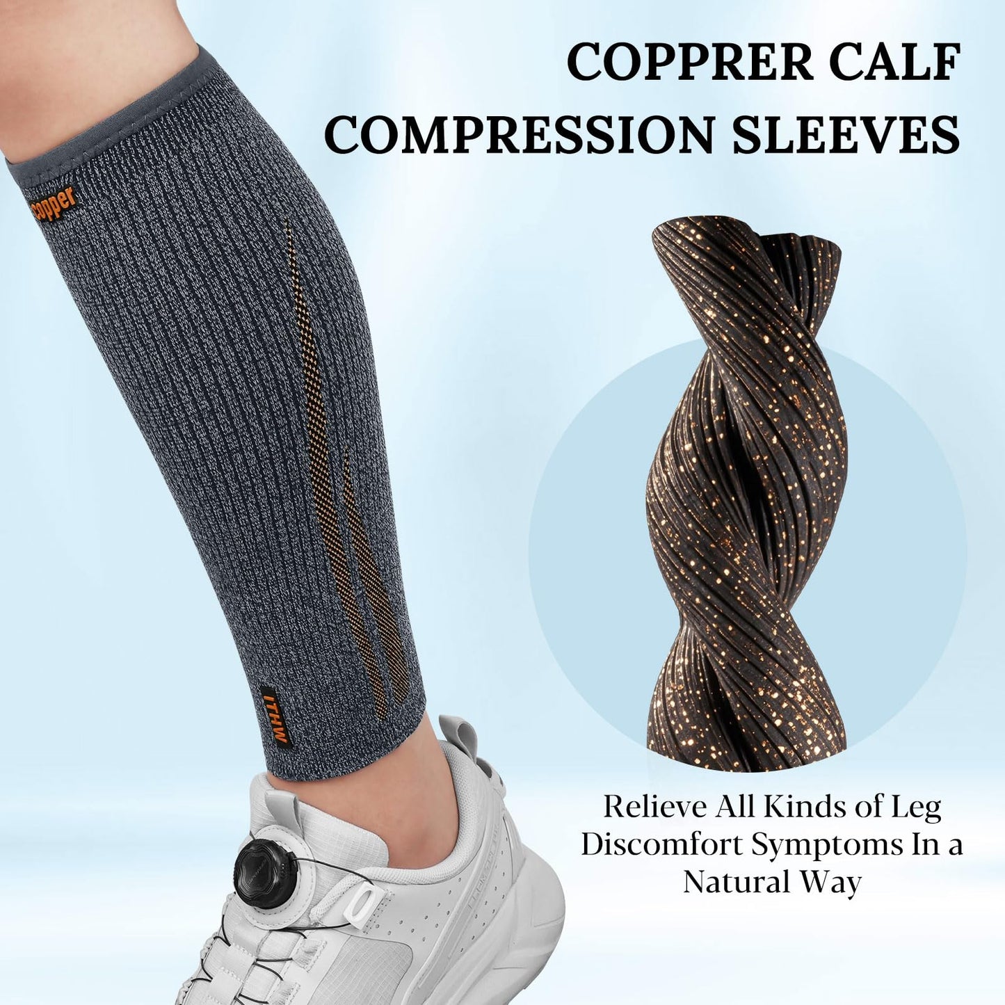 ITHW Copper Calf Compression Sleeve for Men & Women, Leg Compression Sleeve for Shin Splint Relief, Leg Sleeves for Varicose Veins, Calf Tear, Nursing (1 Pair, Medium)