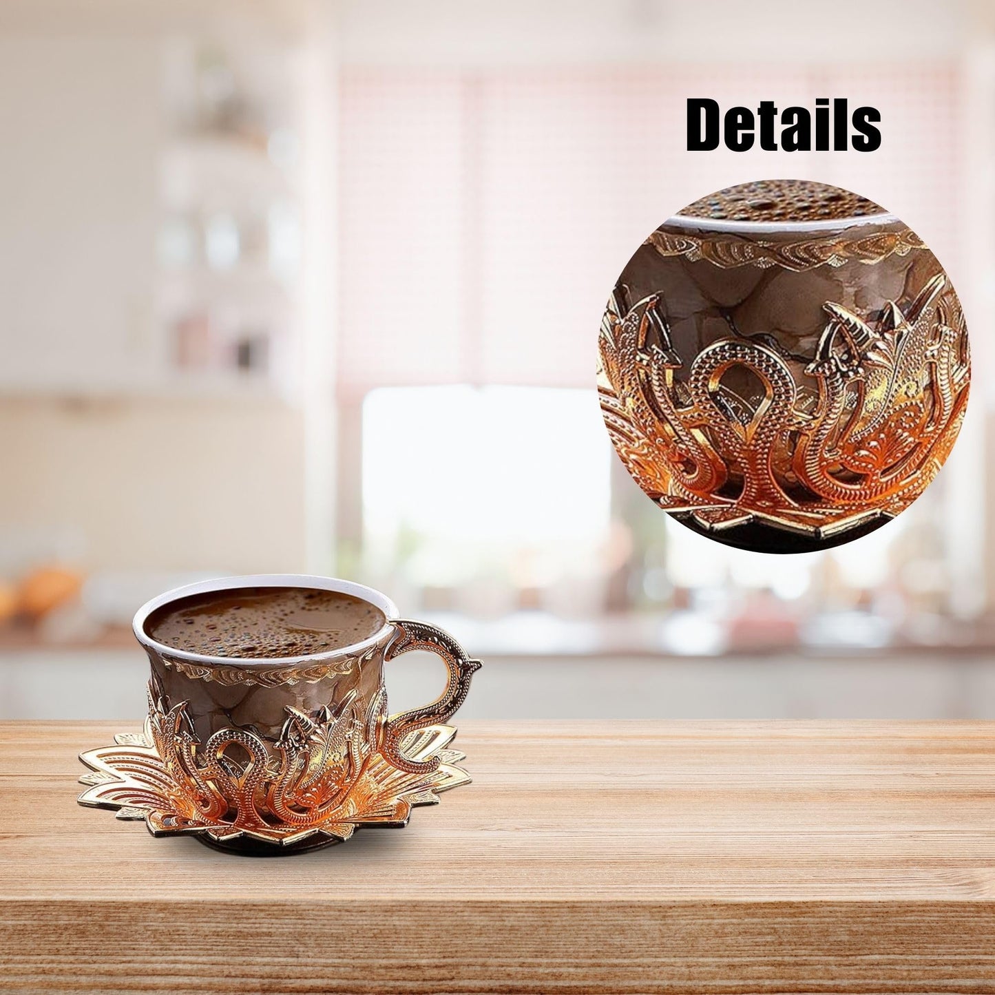 LaModaHome Ottoman Turkish Espresso Coffee Cups with Saucers and Holders Set of 6, Brown Marble Design, Porcelain Arabic, Greek Mini Coffee Mug, Handmade Vintage Gifts, Serving, Tableware - Gold