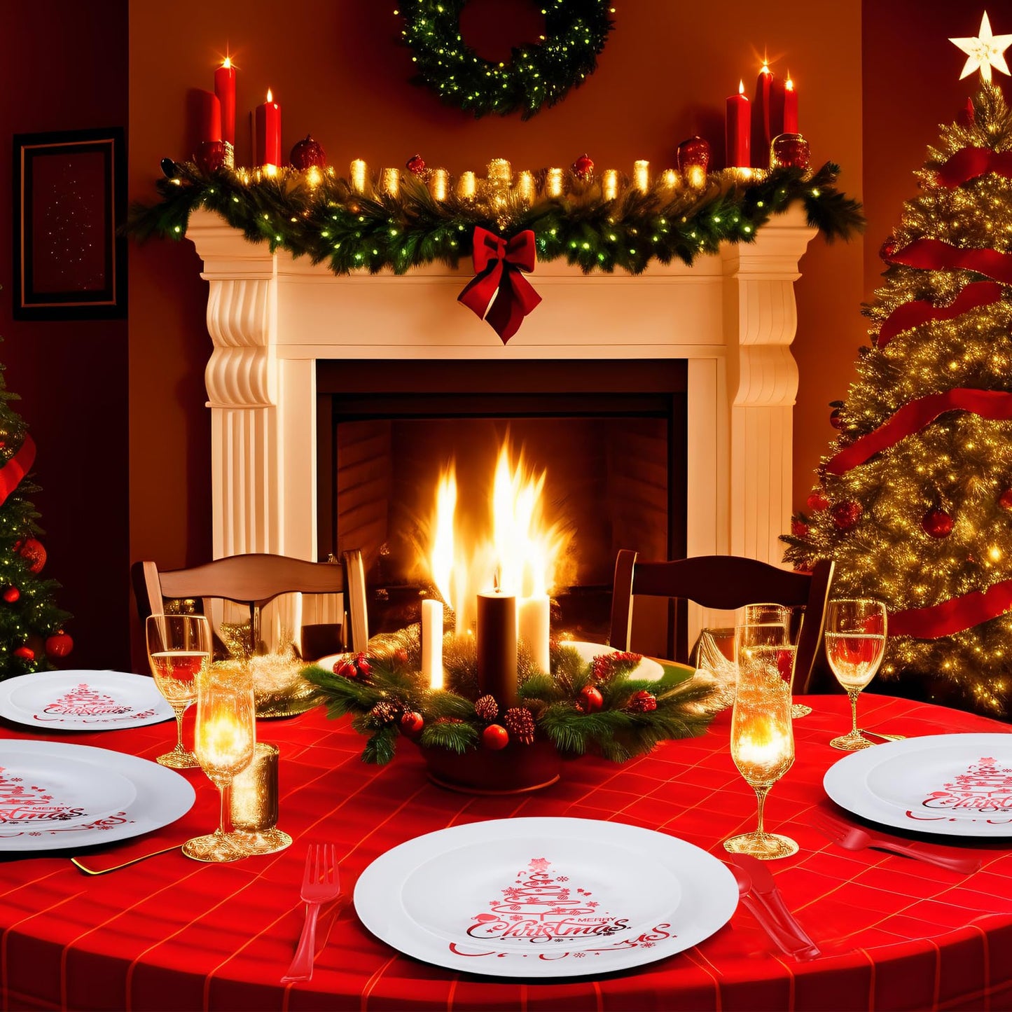 Shellwei Christmas Plastic Dinnerware Set, Xmas Disposable Plates Includes 40 Dinner Plates 40 Cup 40 Dessert Plate 40 Paper Napkins 40 Forks Knives Spoons Supplies for Christmas(Red White,Xmas Tree)