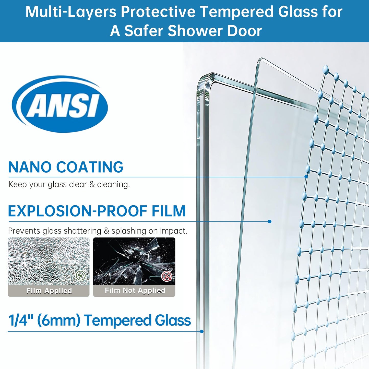 56-60" W × 76" H Frameless Shower Door, 1/4" (6mm) Tempered Glass, Sliding Glass Shower Door with Explosion-Proof Film Nano Coating, Stainless Steel Hardware, Matte Black