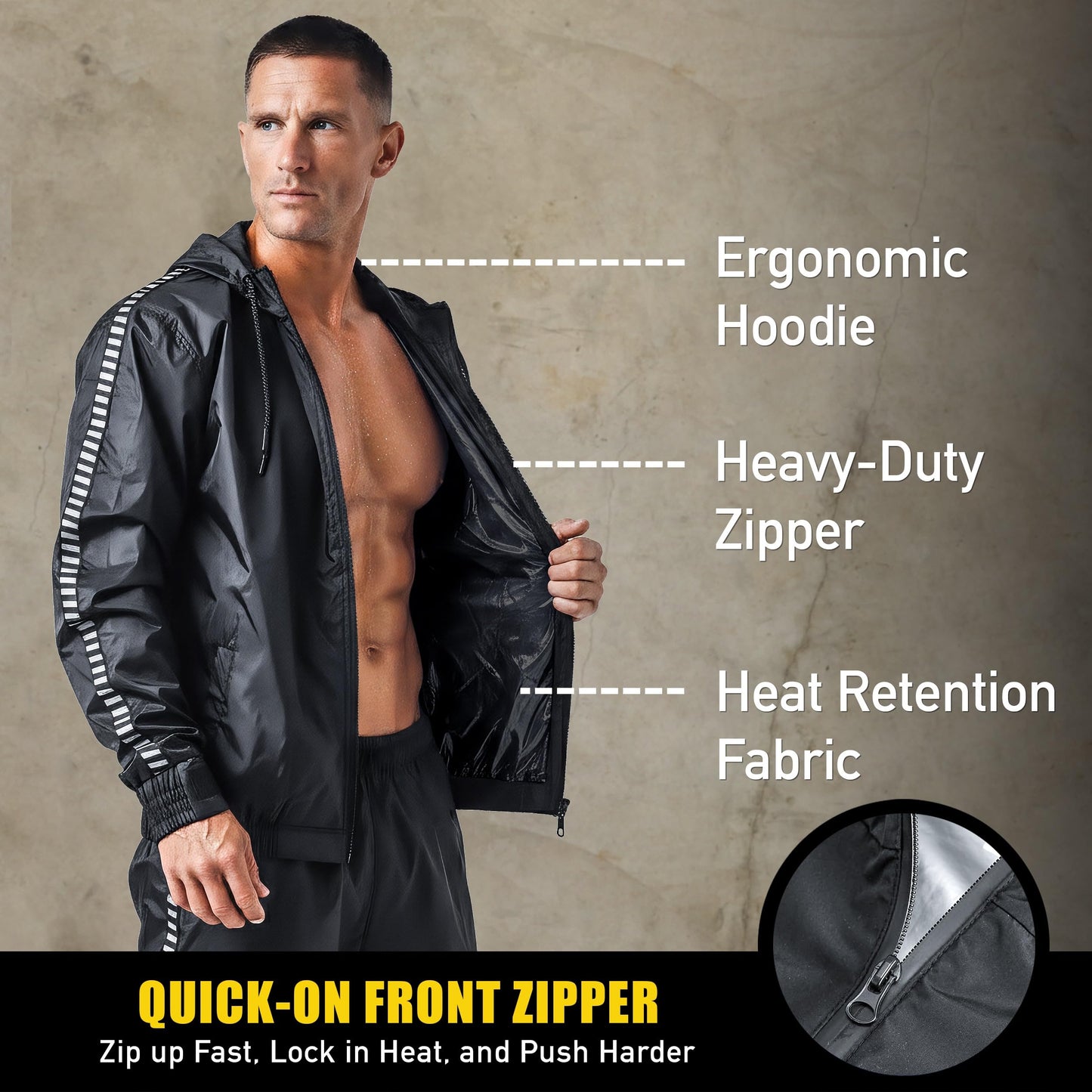 Elite Sports Zipper Sauna Suit for Men & Women – Weight Loss Full Body Hoodie Sweat Suit, Lightweight Anti-Rip PVC Fabric for Boxing, MMA, Gym Workout, Fitness Training Gear (Black, Large)