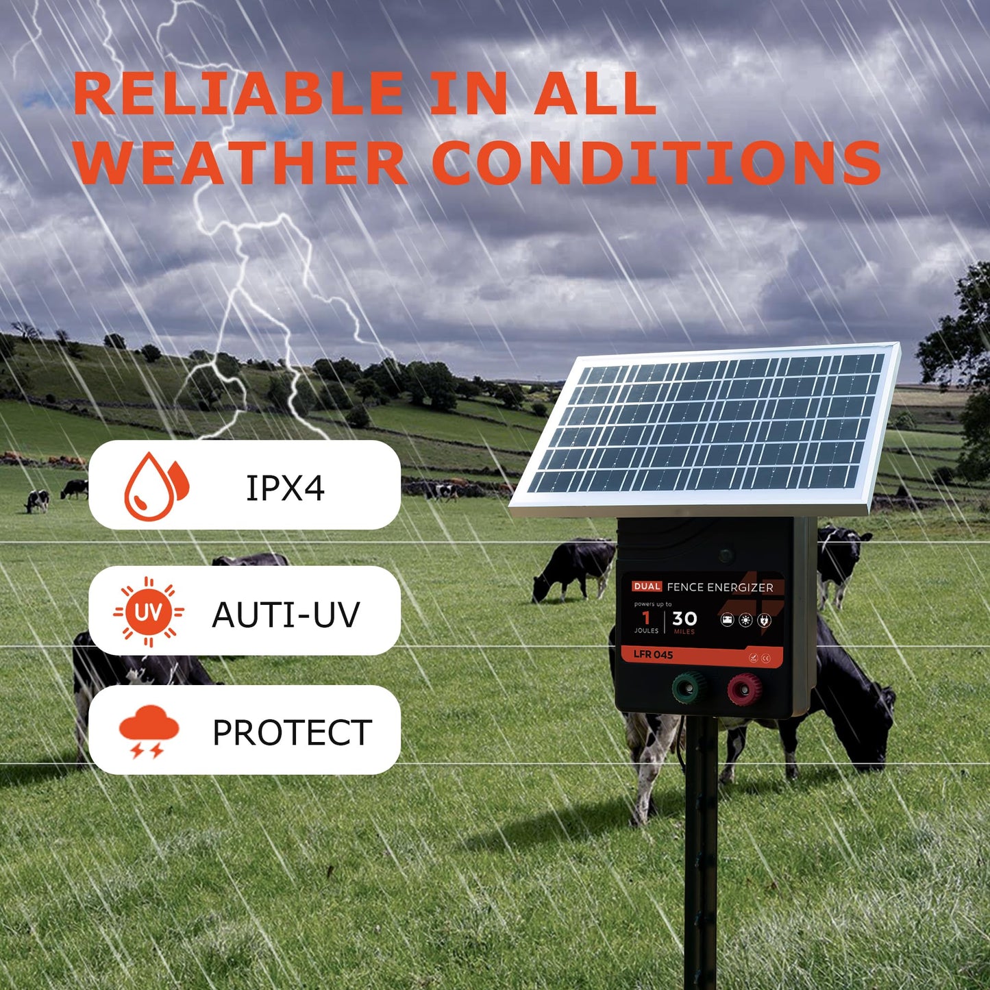 30 Miles Solar Electric Fence Charger, 1 Joule Portable Solar Fence Charger, Solar Electric Fence Kit, with 10W Solar Panel for Livestock, Preventing Predators from Intruding