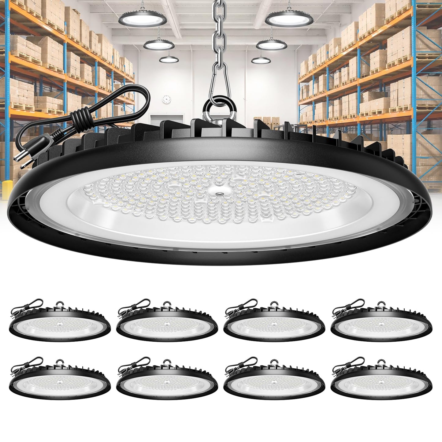 ELEKICO Super Bright 250w High Bay Led Shop Lights 8pack| 5000k 37500lm UFO Led High Bay Light & Commercial Ceiling Lighting Garage Lights for Shop Factory Workshop Warehouse Garage Barn