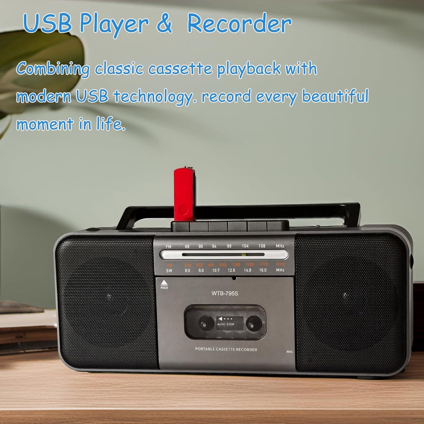 WIITHINK Cassette 10W Cassette/U MP3 Portable Tape Player Recorder,AM/FM/SW Radio with Bluetooth,USB/SD, Big