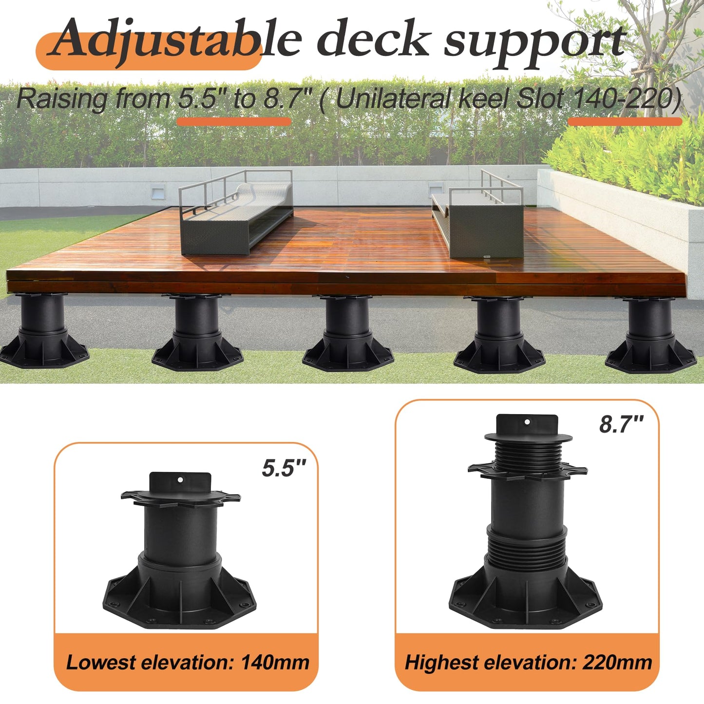 8 Packs Adjustable Deck Support Deck Blocks Plastic Pedestal Paver, Shed Foundation Base Deck Block Floor Raising 5.5" - 8.7", Joist Support Pedestals for Wood WPC Aluminum Foundation Kit