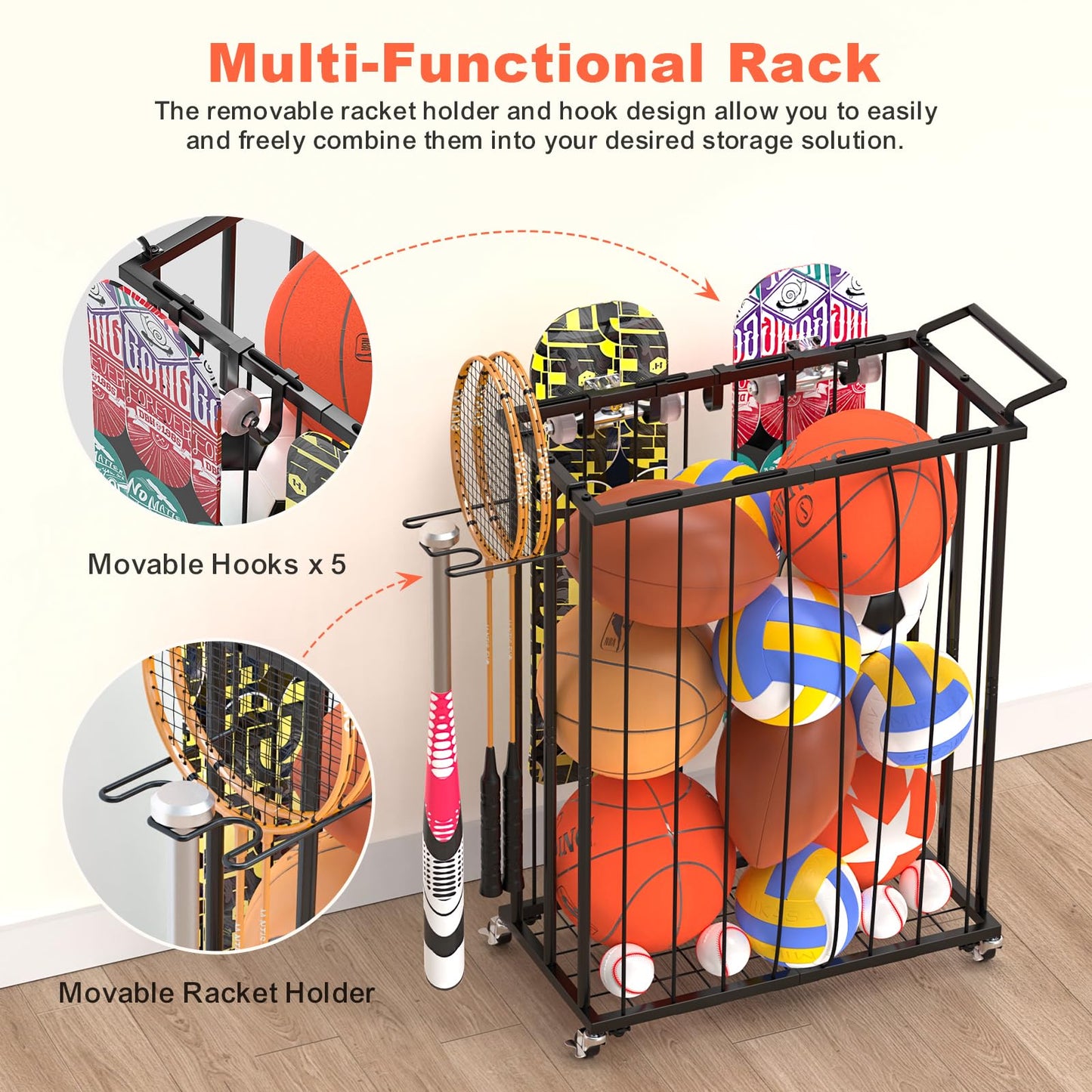 Multi-Functional Sports Storage Rack with Elastic Rope, Movable Racket Holders & Hooks - Heavy-Duty Organizer for Balls, Tennis/Badminton Rackets, Skateboard - Ideal for Garage, Home Gym & Playroom