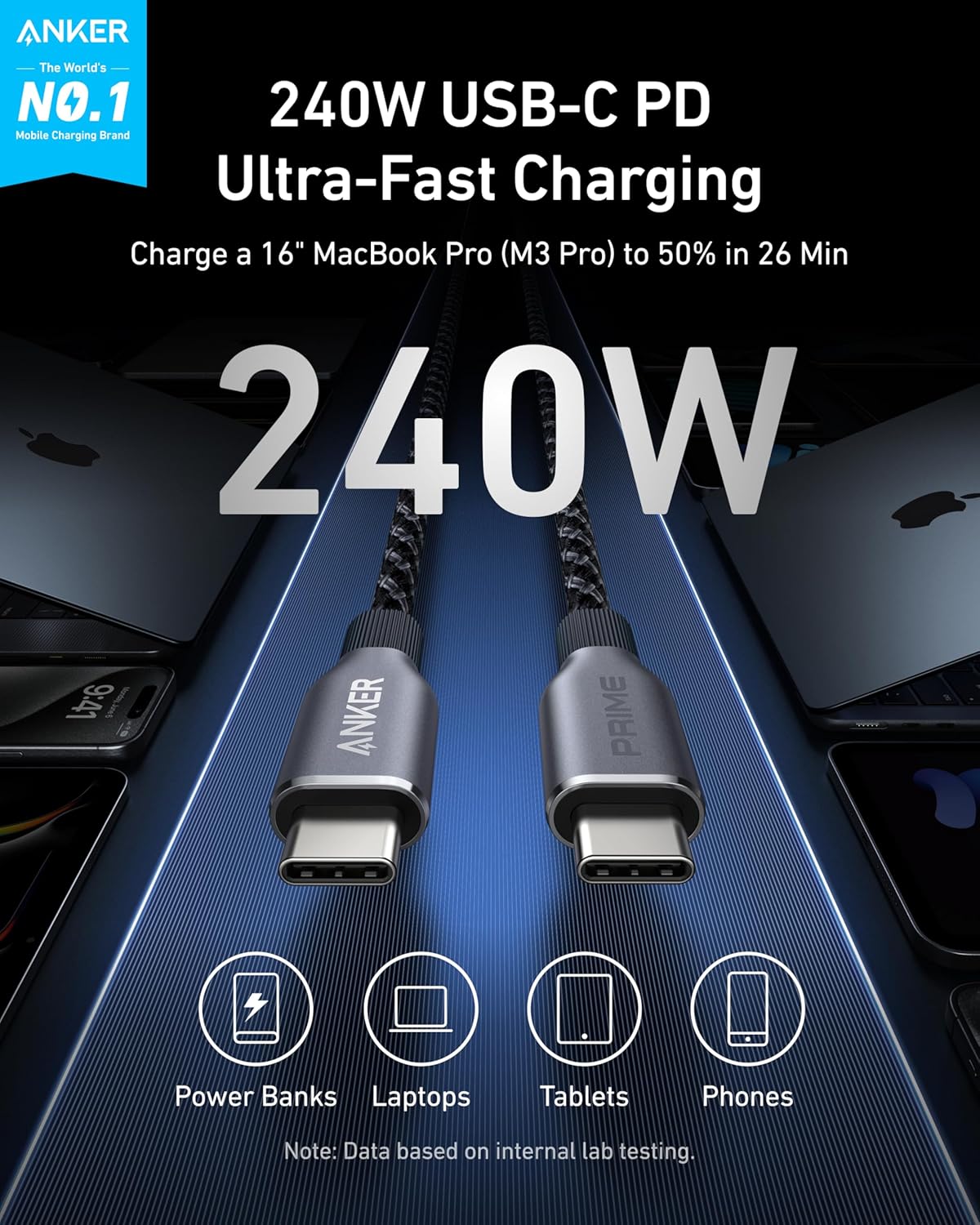 240W 100-Year 17 S24(3 Anker Prime USB C to USB C Cable, Fast Charging Cord, Upcycled-Braided Nylon with Bend