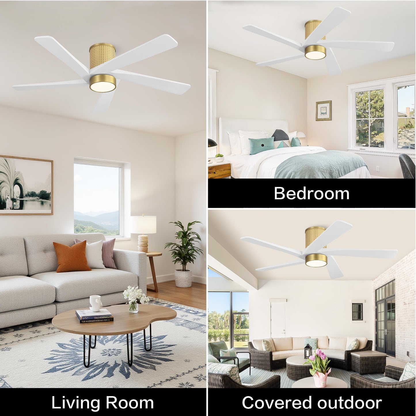 WINGBO 48 Inch Flush Mount Rattan Ceiling Fan, 3CCT Dimmable Light, 5 Carved Wood Blades, 6-Speed Reversible DC Motor, Modern Ceiling Fans for Indoor, Aged Brass Finish and White Blades