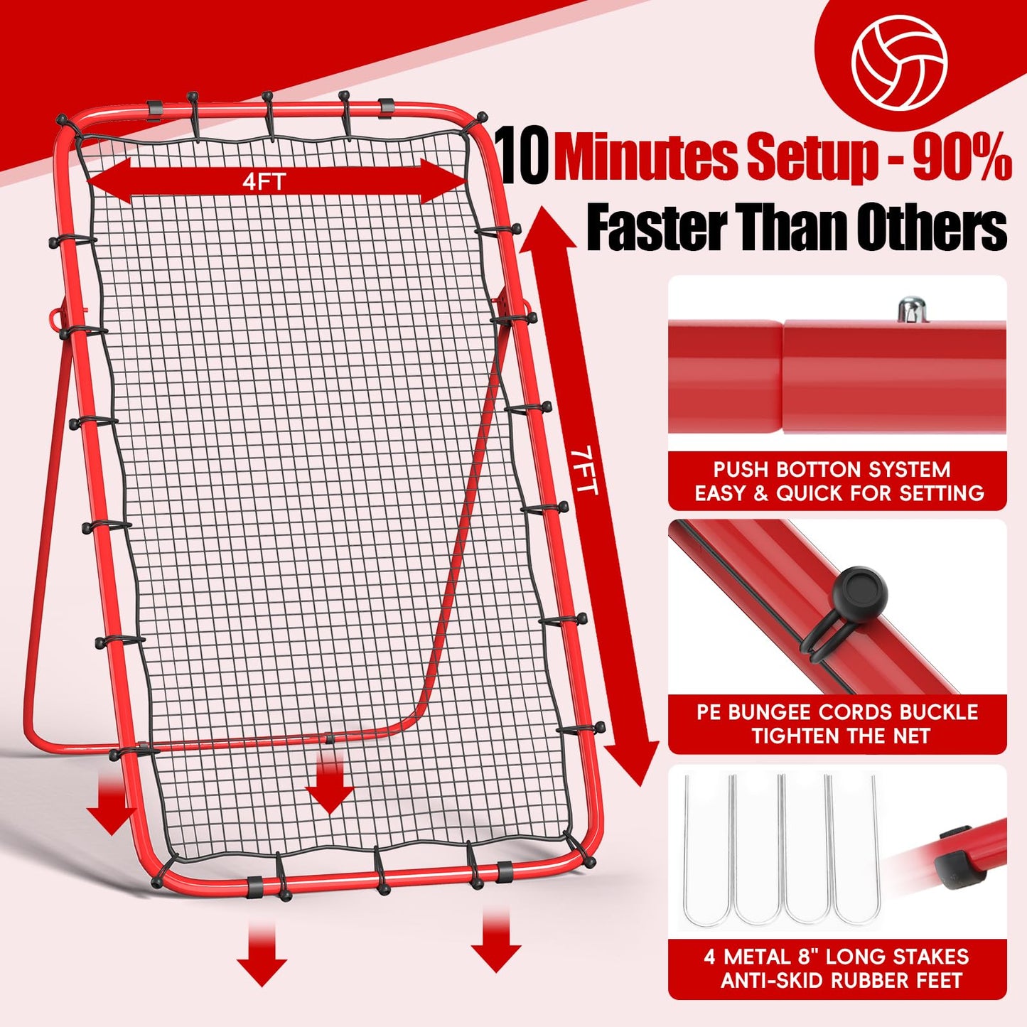 Volleyball Rebounder Net 7x4 Ft, 5-Angle Adjustable Rebounder Net for Practicing Digging, Setting, Spiking, Bounce Back Training Equipment with 2 Target Stripes & Portable Travel Bag for Storage