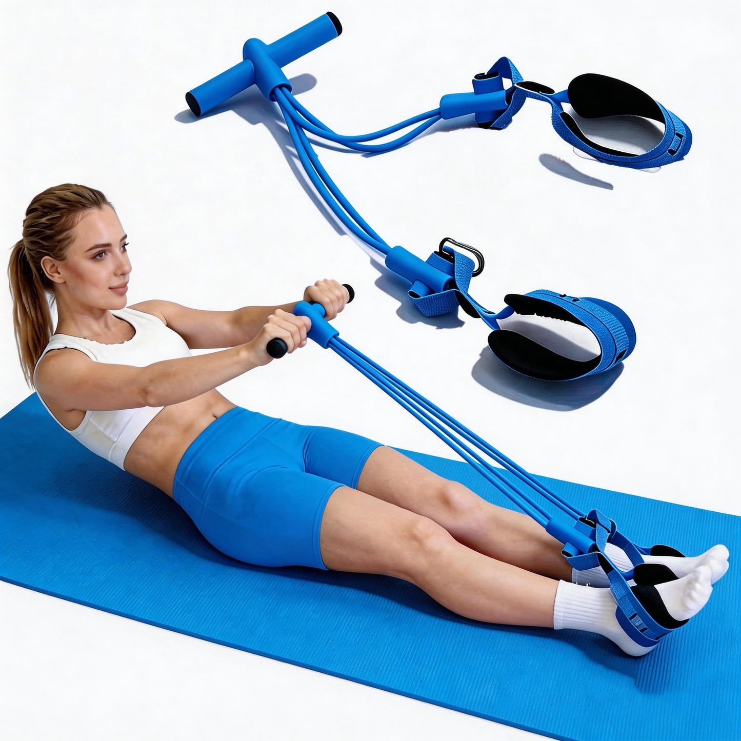 FRAWENLECO Fitness Resistance Bands with 4 Tube Pedal Ankle Puller, Elastic Yoga Pedal Stretch Band for Exercise, AB Training, Sit Up Equipment(Blue)