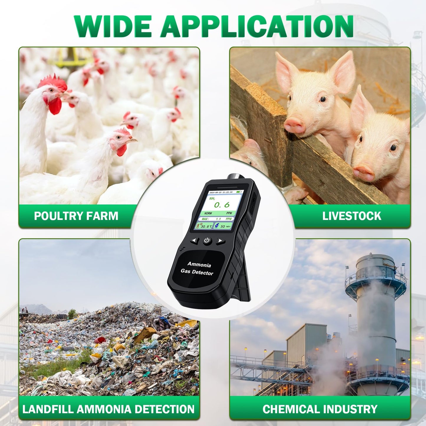 ZYKYCX Portable Ammonia Gas Detector, 0-200 PPM Rechargeable Ammonia Gas Monitor, Digital Air Quality NH3 Gas Meter with Temperature Humidity Tester for Farm, Poultry, Pig & Livestock