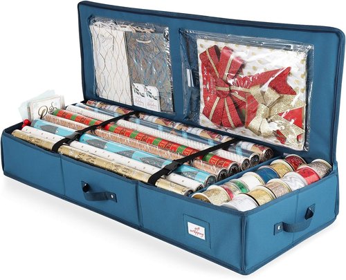 Hearth & Harbor Wrapping Paper Storage Container - Tear-Proof Christmas Gift Wrap Organizer | Fits 22 Rolls, Blue