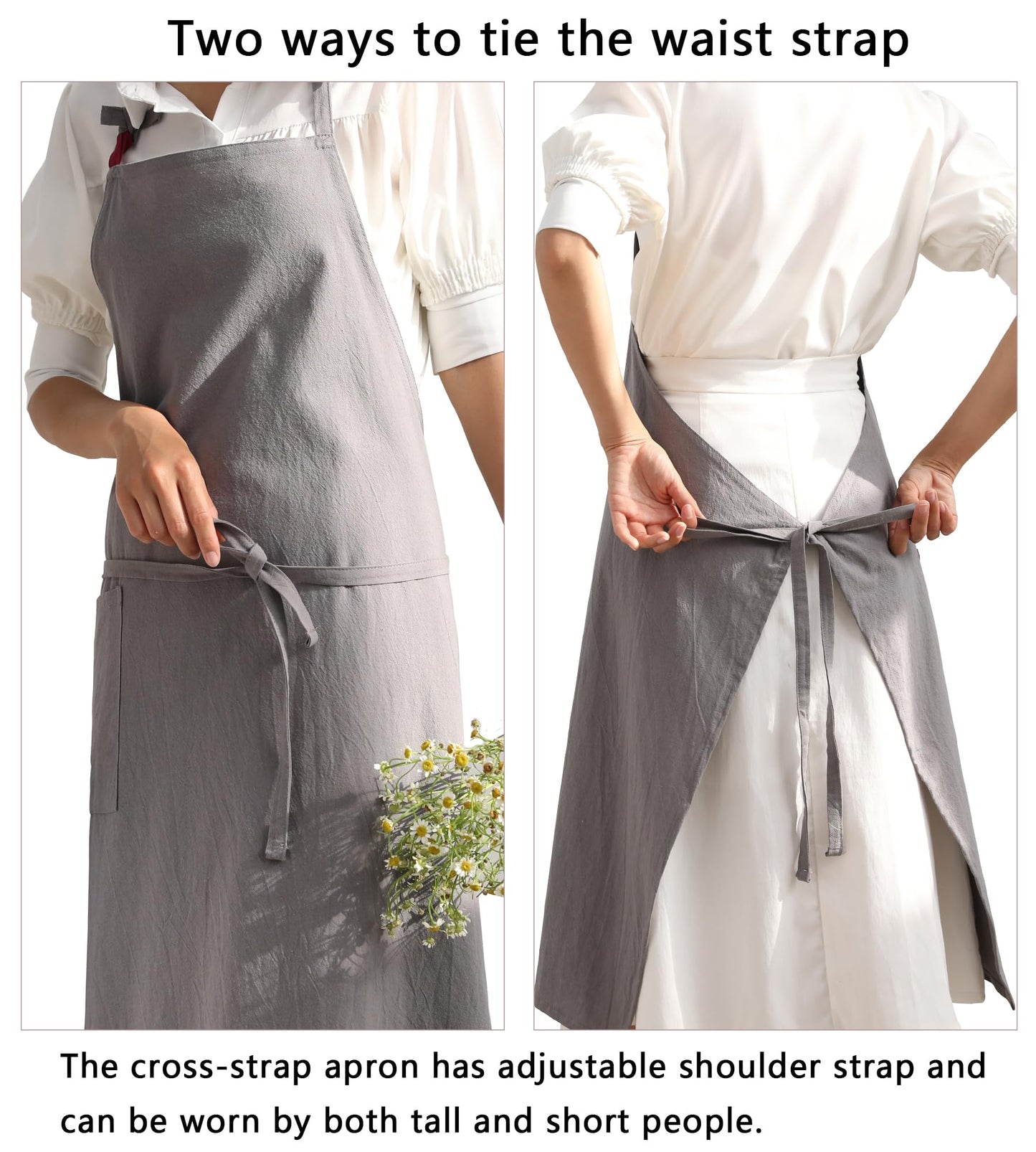 KITCHIEF Cotton Linen Pinafore Apron Dress for Women with Pockets Cute Chef Aprons Halter Apron for Kitchen Baking Painting (Gray)