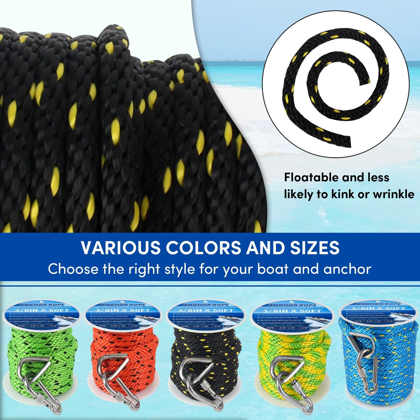BALAVA Anchor Rope 50FT x 3/8in,Premium Solid MFP Braided Anchor Rope Anchor Line,Boat Anchor Rope with Stainless Steel Thimble & Snap Hook,Boat Rore Marine Rope for Anchors and Boats(Black/Yellow)