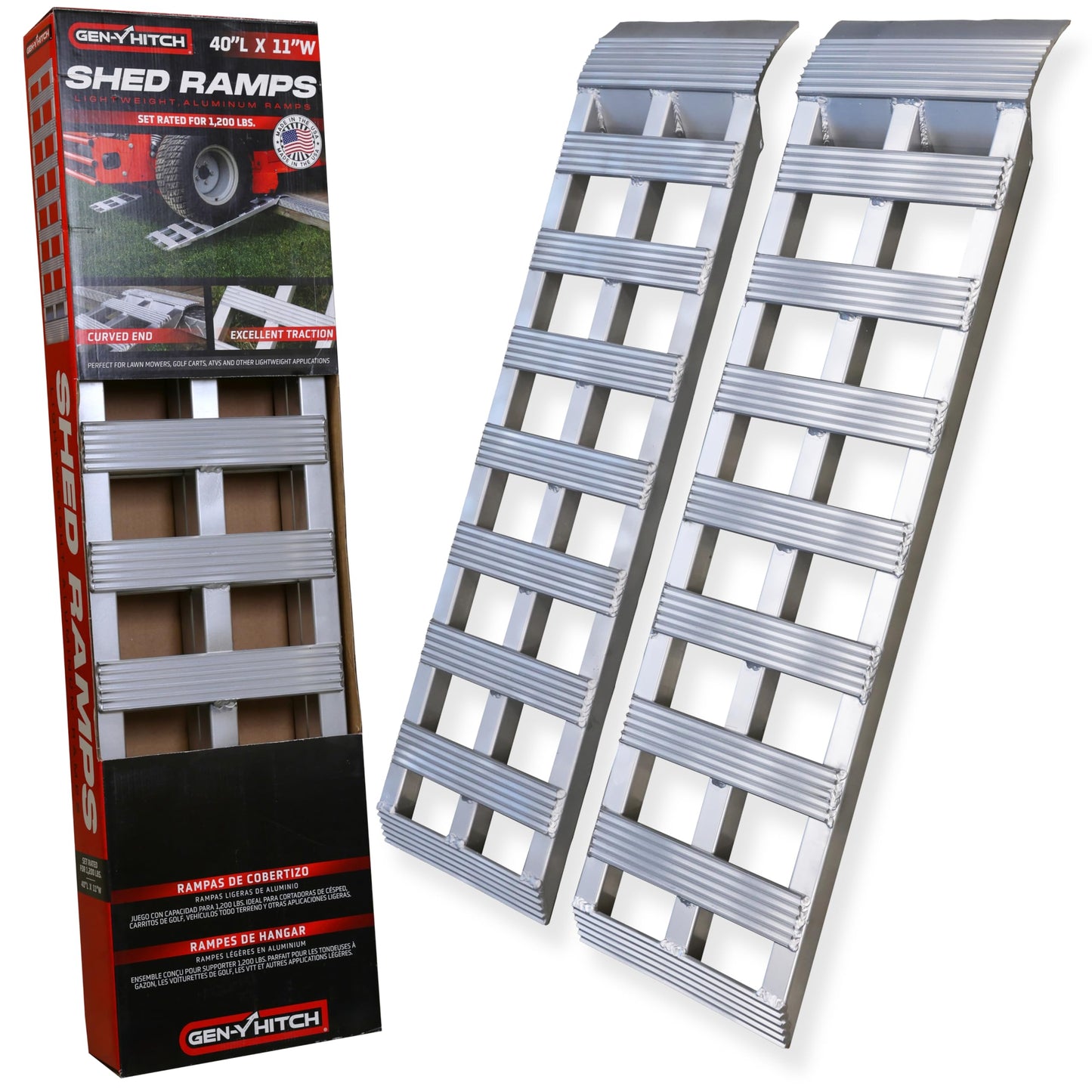 GEN-Y Hitch Aluminum Loading Ramps - Set of Two 40-Inch x 11-Inch Ramps for ATVs, Motorcycles, Mowers, Carts, and Sheds - 1,200 LBS. Combined Capacity with Serrated Rungs