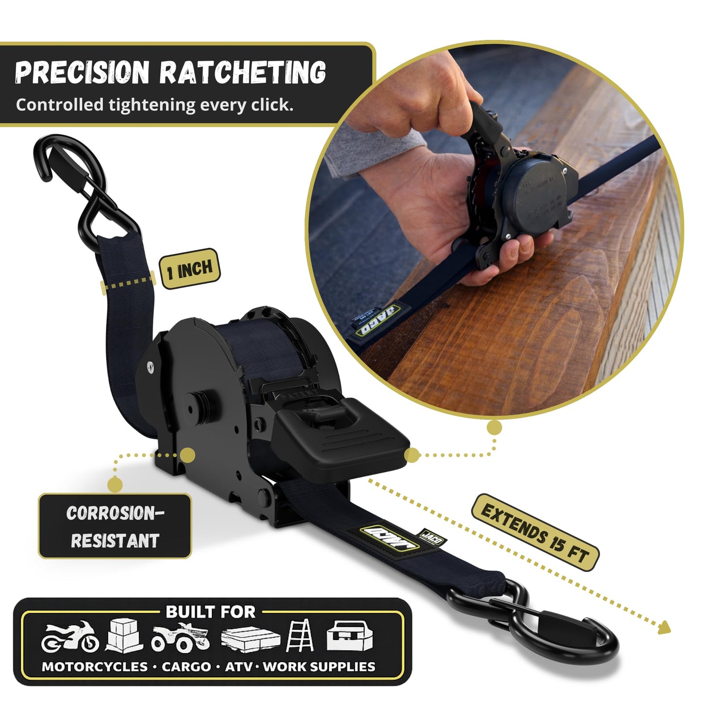 JACO Retractable Ratchet Straps - 1 in x 15 ft (4-Pack) (1,760lbs Break Strength) | Auto Self Retracting Cargo Tie Down Strap Set (Black)