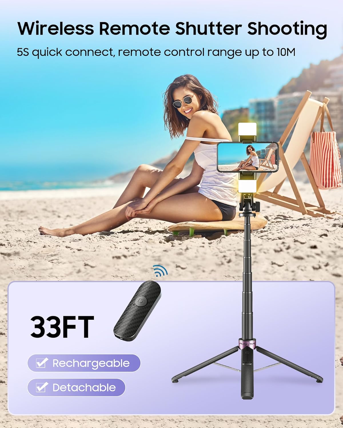 ACKIMA 53'' 4-Leg 2 Selfie Stick Tripod with Light, Enhanced Cell Phone Stand Camera Tripod with Rechargeable Wireless