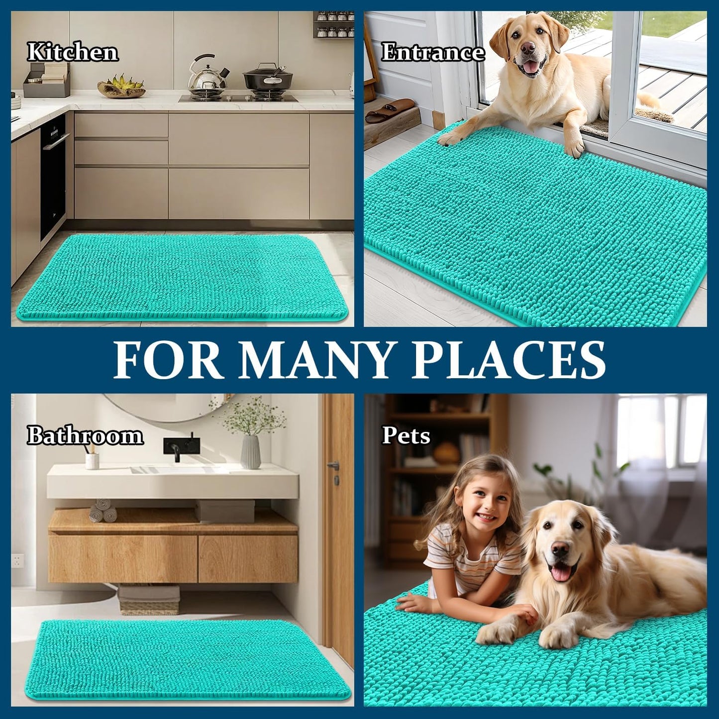 OLANLY Dog Door Mat - Absorbent Non-Slip Washable Doormat for Muddy Paws | Quick Dry Chenille 54x32, Teal
