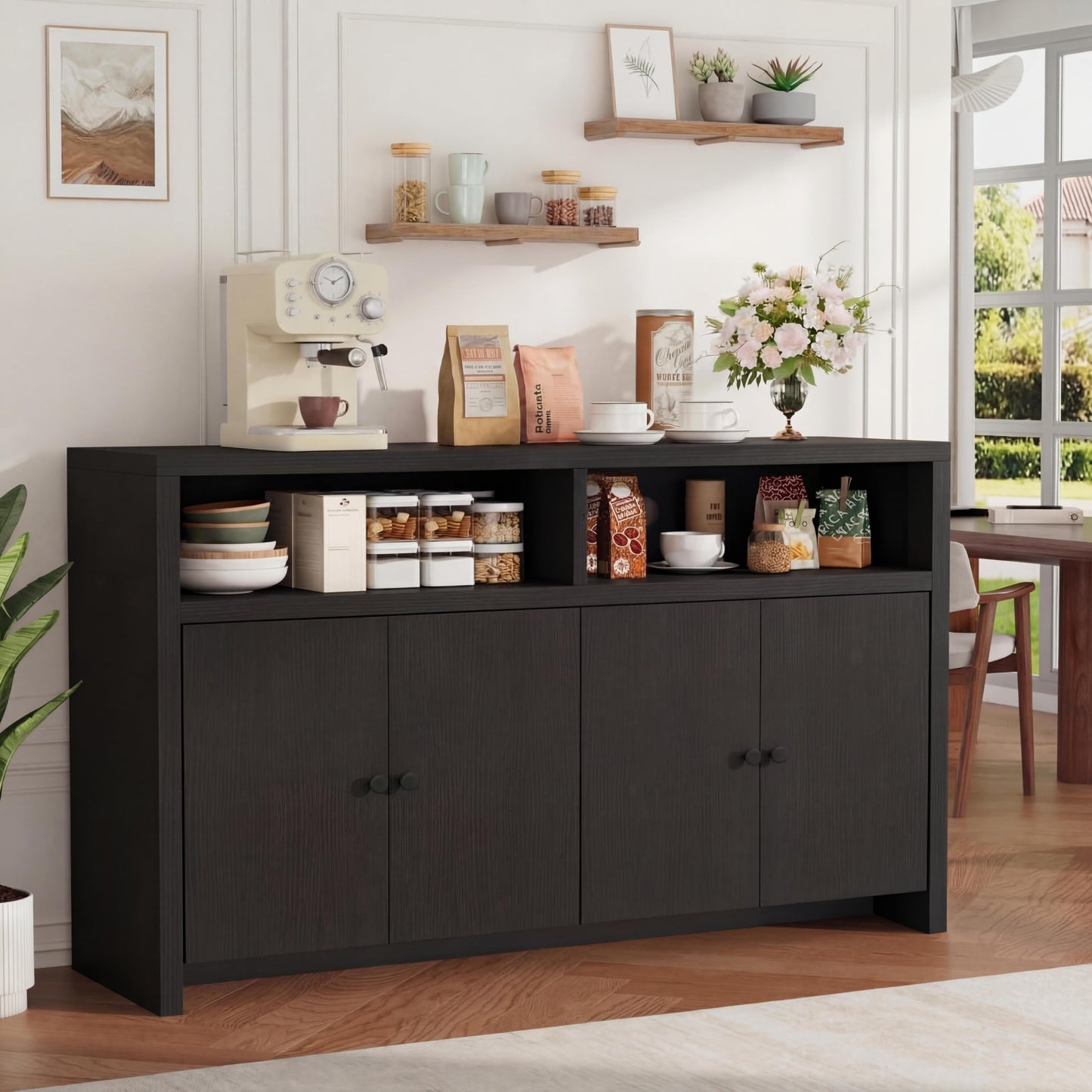 IDEALHOUSE Buffet Sideboard Cabinet with Storage, 55" Large Farmhouse Kitchen Storage Cabinet with 4 Doors & Adjustable Shelves, Wood Coffee Bar Cabinet for Kitchen, Dining Room, Living Room