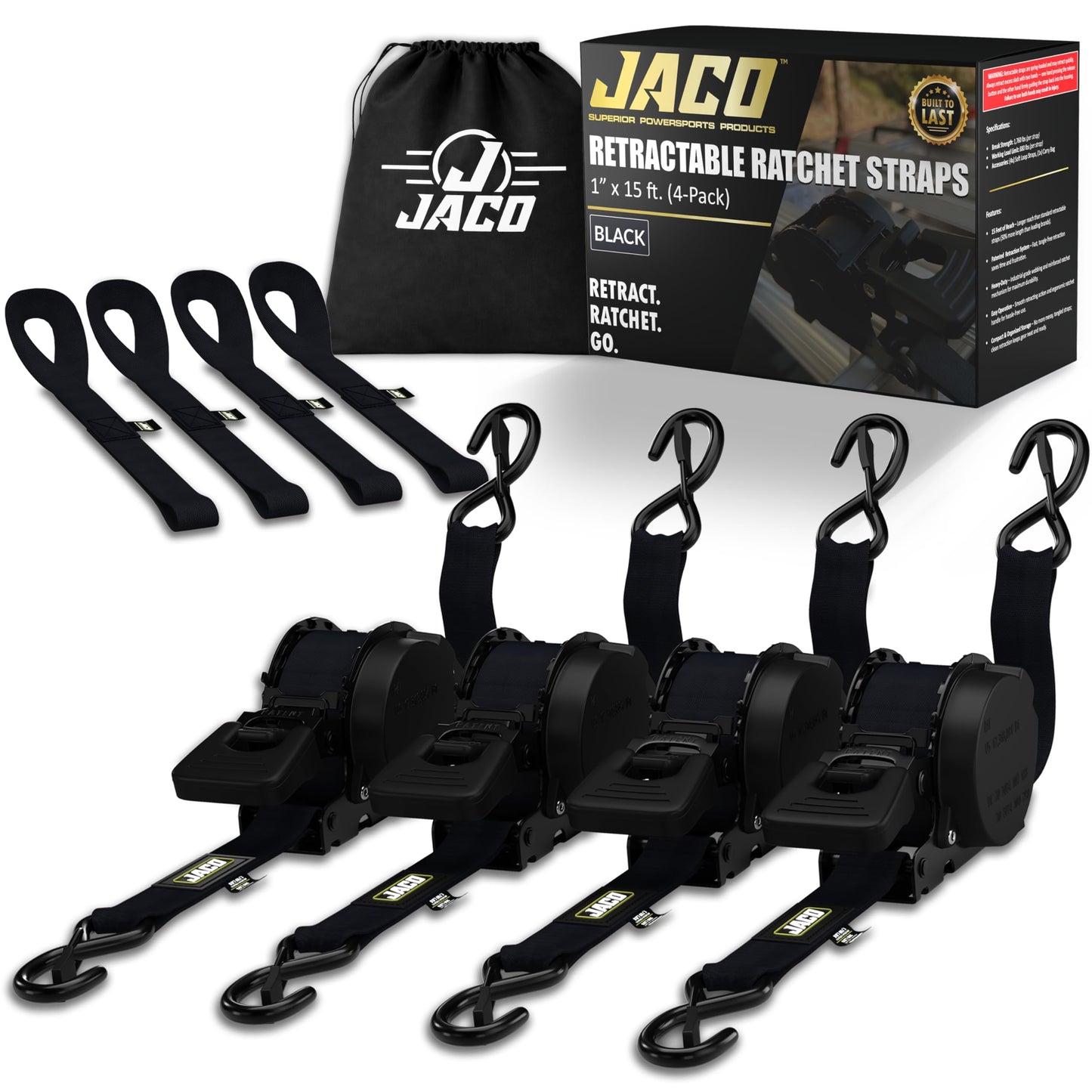 JACO Retractable Ratchet Straps - 1 in x 15 ft (4-Pack) (1,760lbs Break Strength) | Auto Self Retracting Cargo Tie Down Strap Set (Black)